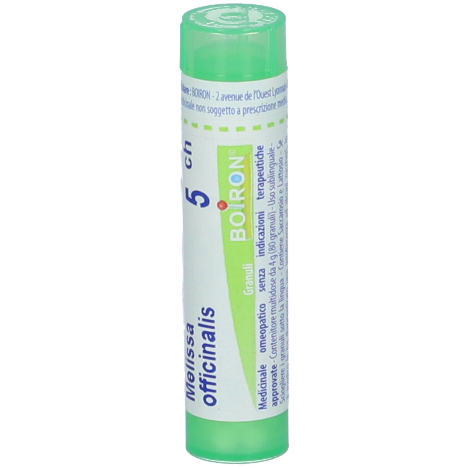 Confezione cilindrica verde. Scritta: Melissa officinalis, 5 ch, Boiron. Informazioni aggiuntive.