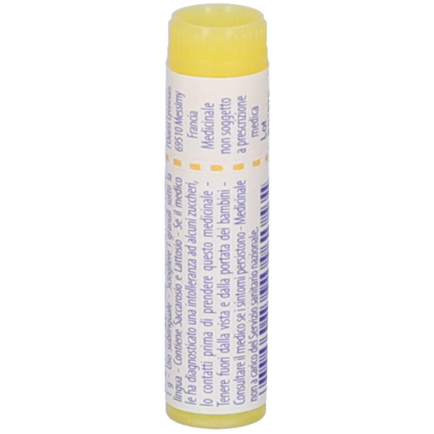 Confezione cilindrica con tappo giallo. Scritta: Mercurius solubilis, 1 mk, EXP 11/2027, BOIRON.