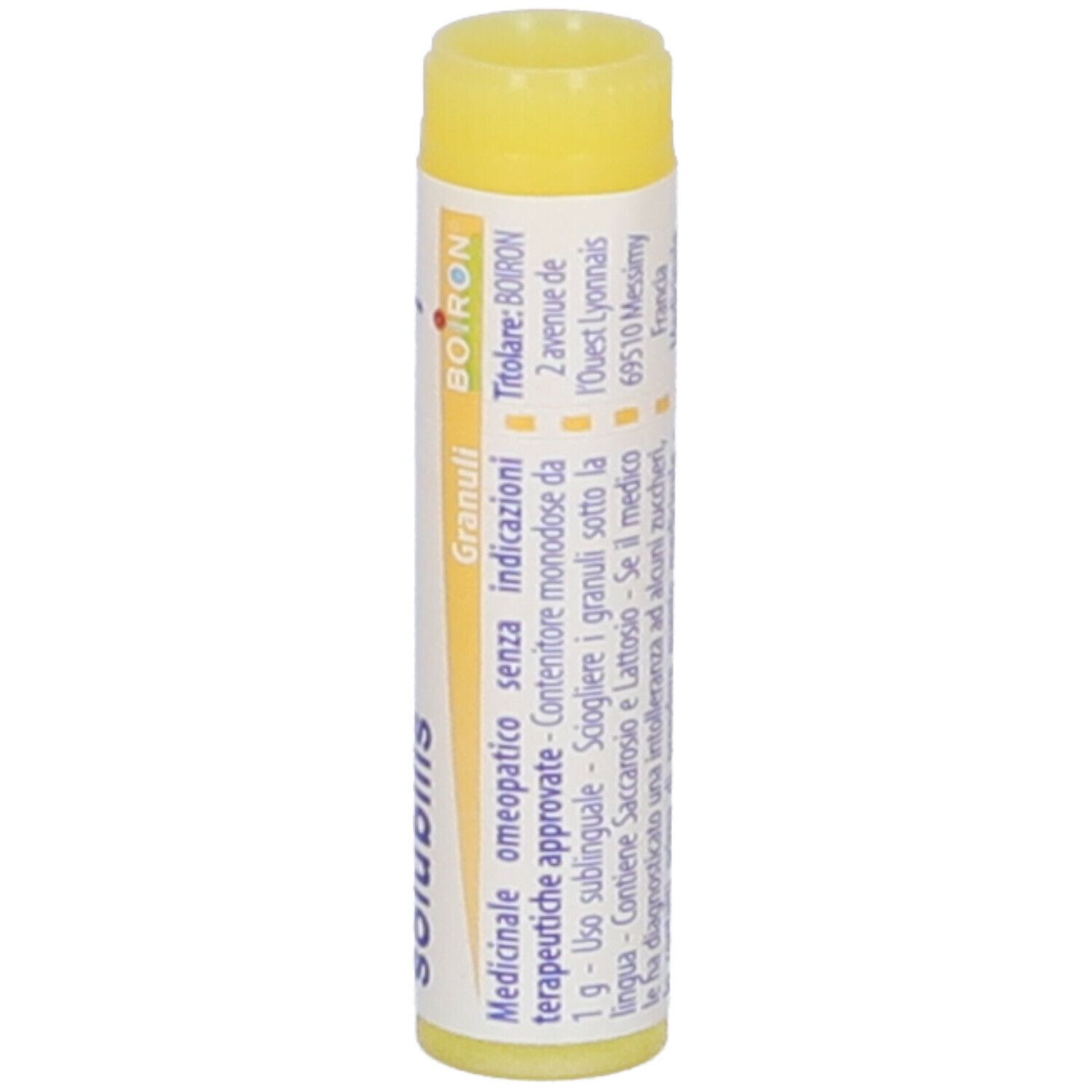 Confezione cilindrica con tappo giallo. Scritta: Mercurius solubilis, 1 mk, BOIRON.