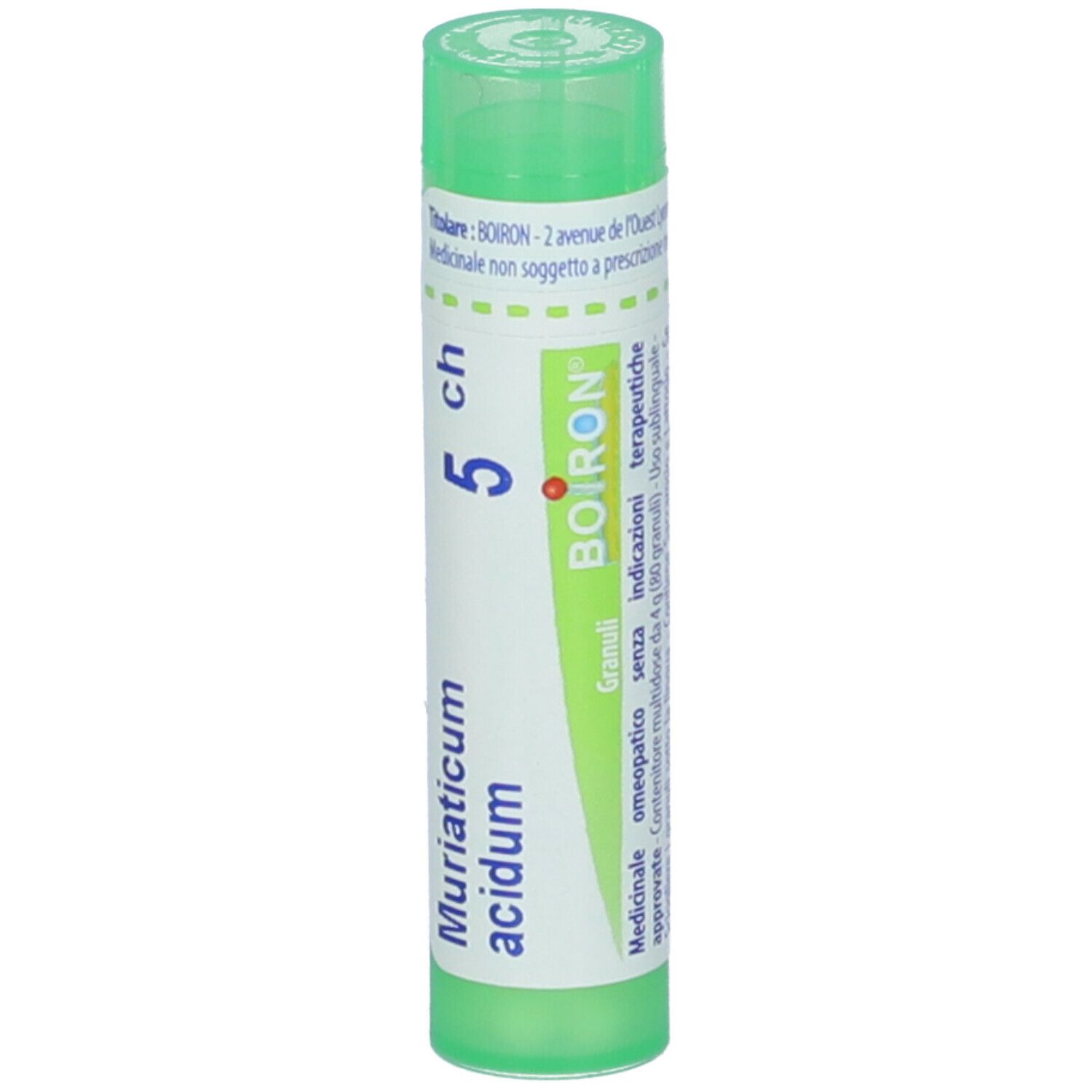 Confezione cilindrica con tappo verde. Scritta: Muriaticum acidum 5 ch, BOIRON. Granuli.