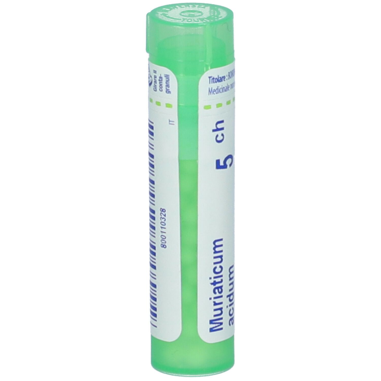Confezione cilindrica con tappo verde. Scritta: Muriaticum acidum 5 ch. Contiene granuli.