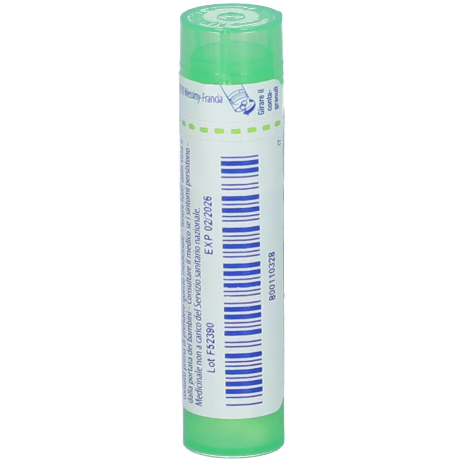 Confezione cilindrica con tappo verde. Scritta: Muriaticum acidum 5 ch. Scadenza 02/2026.