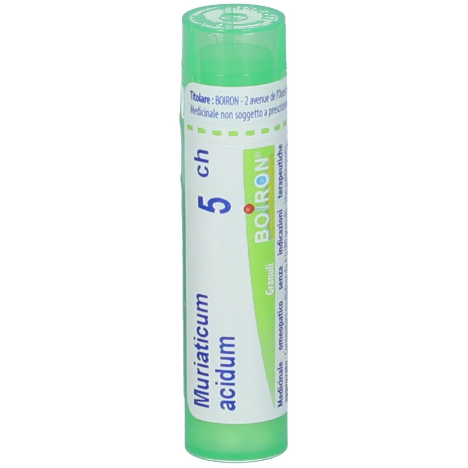 Confezione cilindrica con tappo verde. Scritta: Muriaticum acidum 5 ch, BOIRON. Granuli.