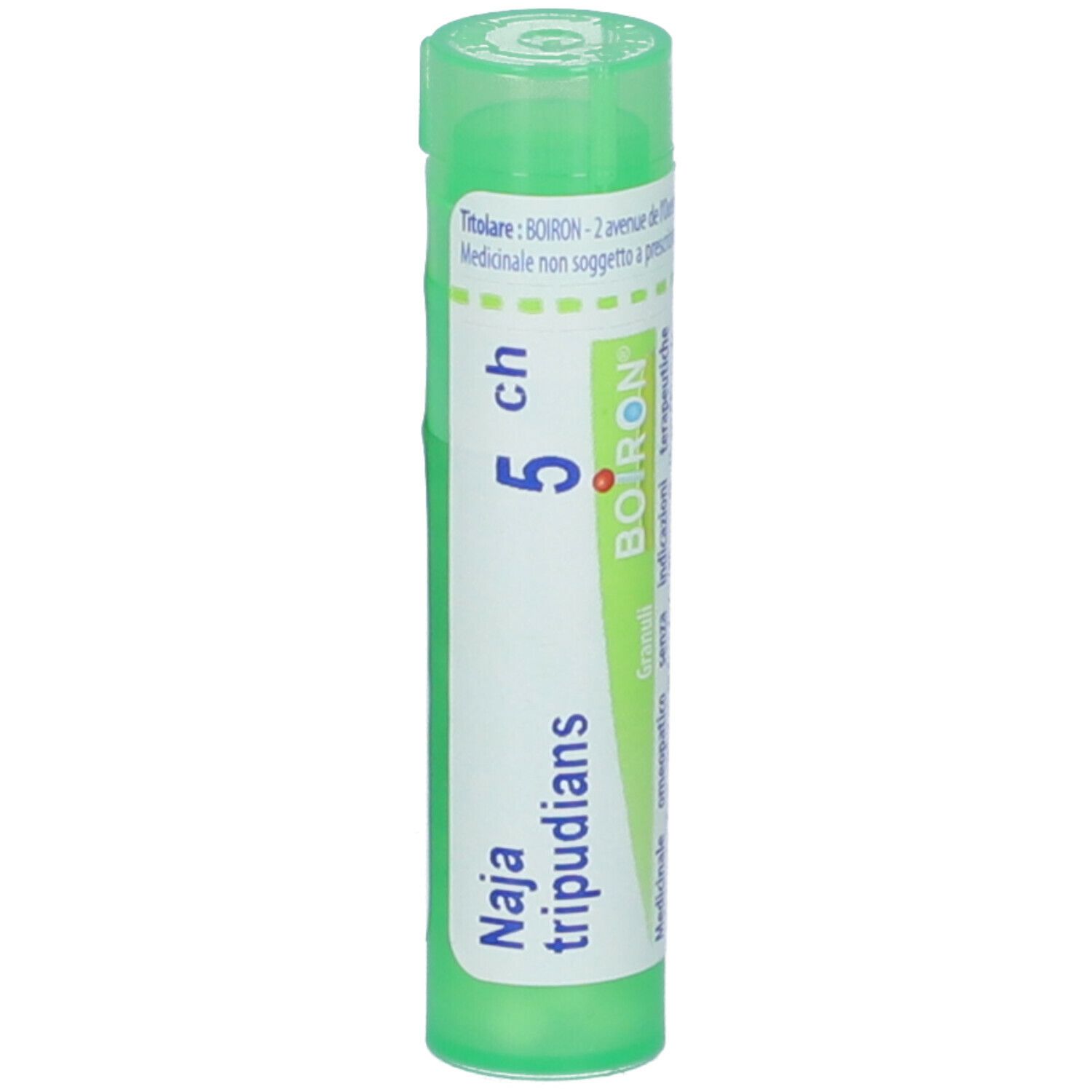 Tubo verde con etichetta bianca. Scritta: Naja tripudians 5 ch, BOIRON.
