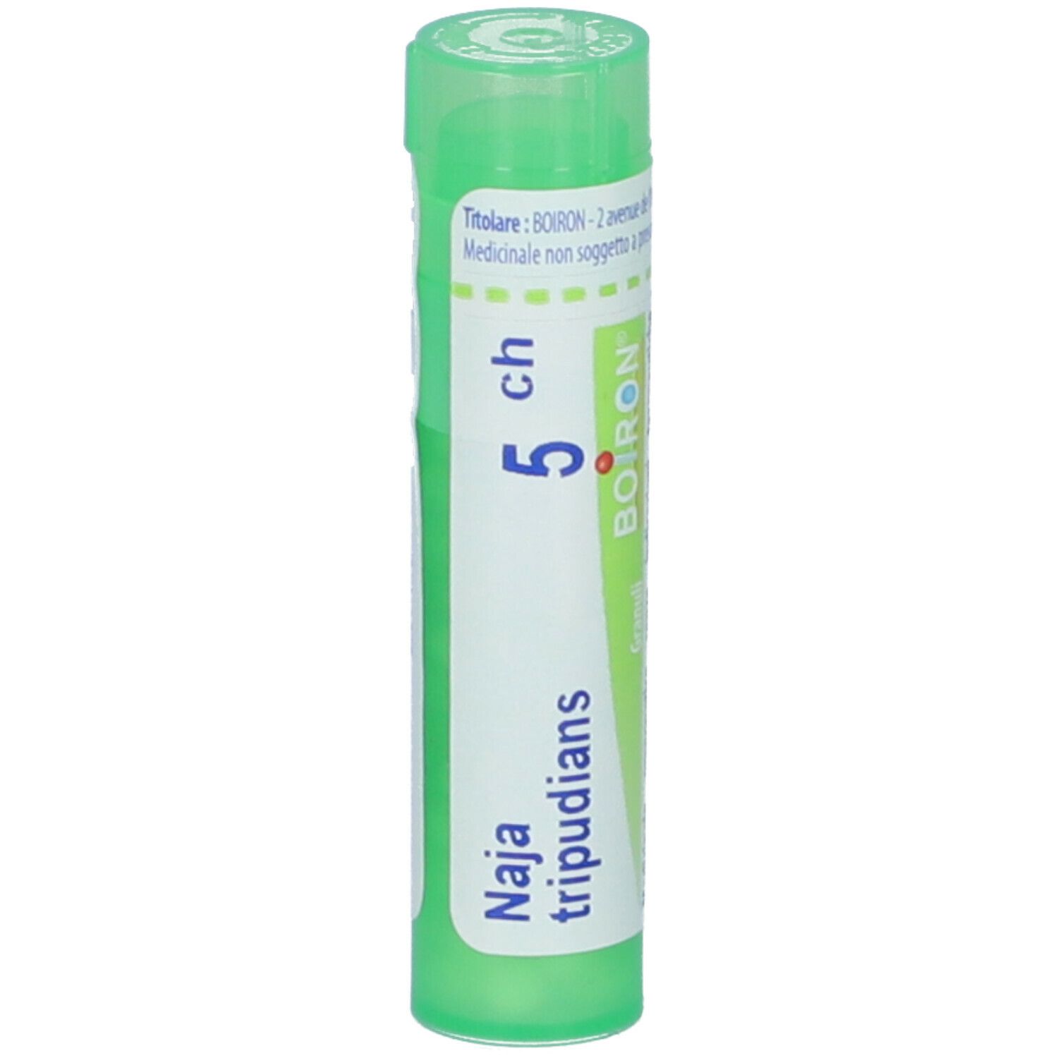 Tubo verde con etichetta bianca. Scritta: Naja tripudians 5 ch, BOIRON.