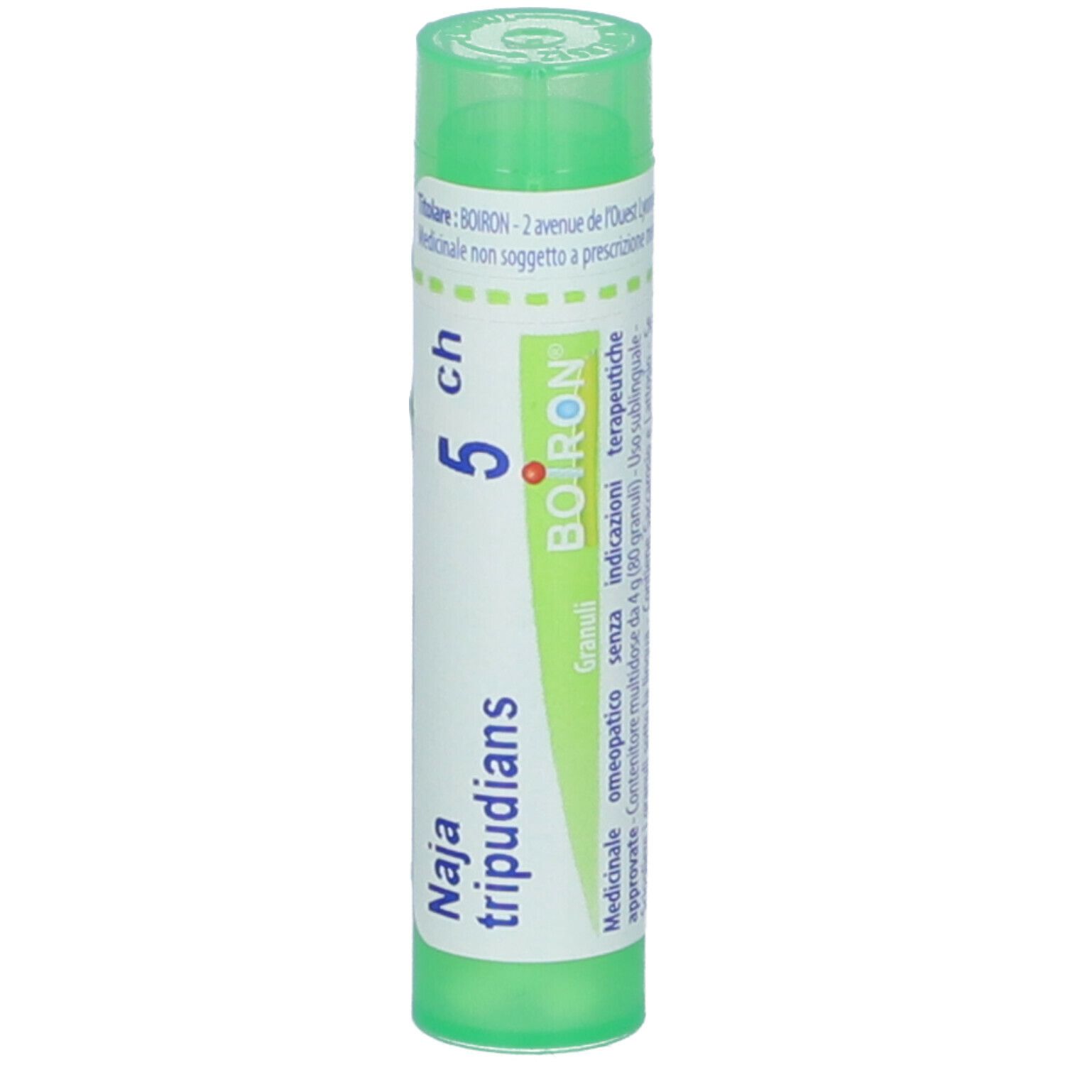 Tubo verde con etichetta bianca. Scritta: Naja tripudians 5 ch, BOIRON.