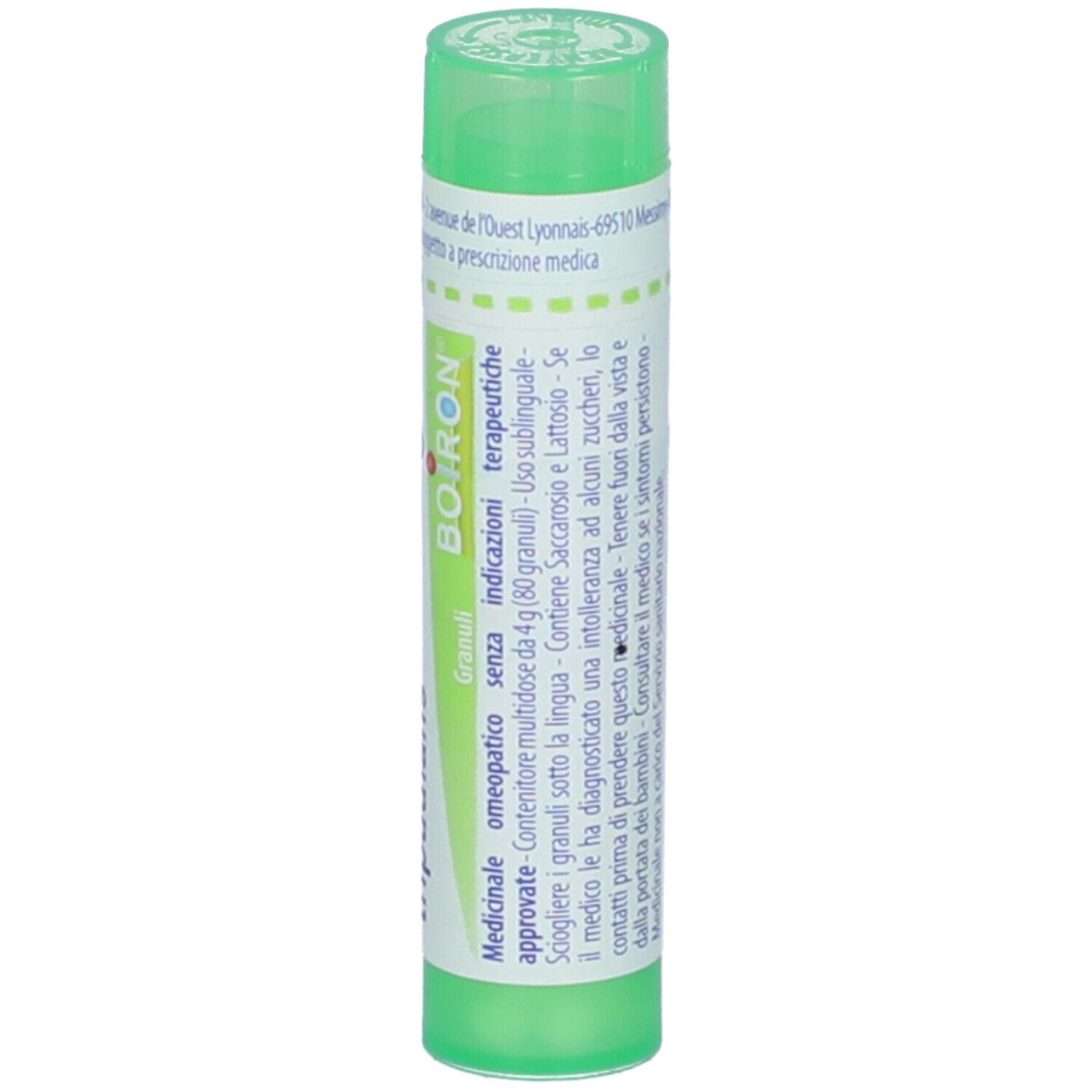 Tubo verde con etichetta bianca. Scritta: Granuli, BOIRON, Indicazioni terapeutiche.