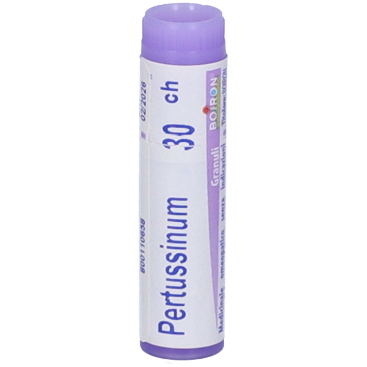 Confezione cilindrica, tappo lilla. Scritta: Pertussinum 30 ch, Granuli, Boiron. Scadenza 02/2026.