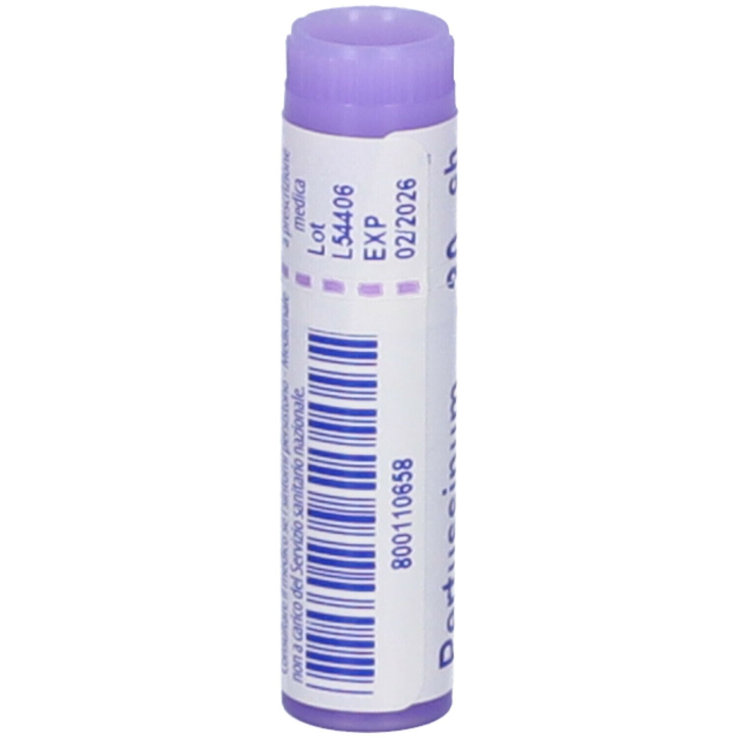 Confezione cilindrica, tappo lilla. Scritta: Pertussinum 30 ch, Granuli, Boiron. Testo in italiano.