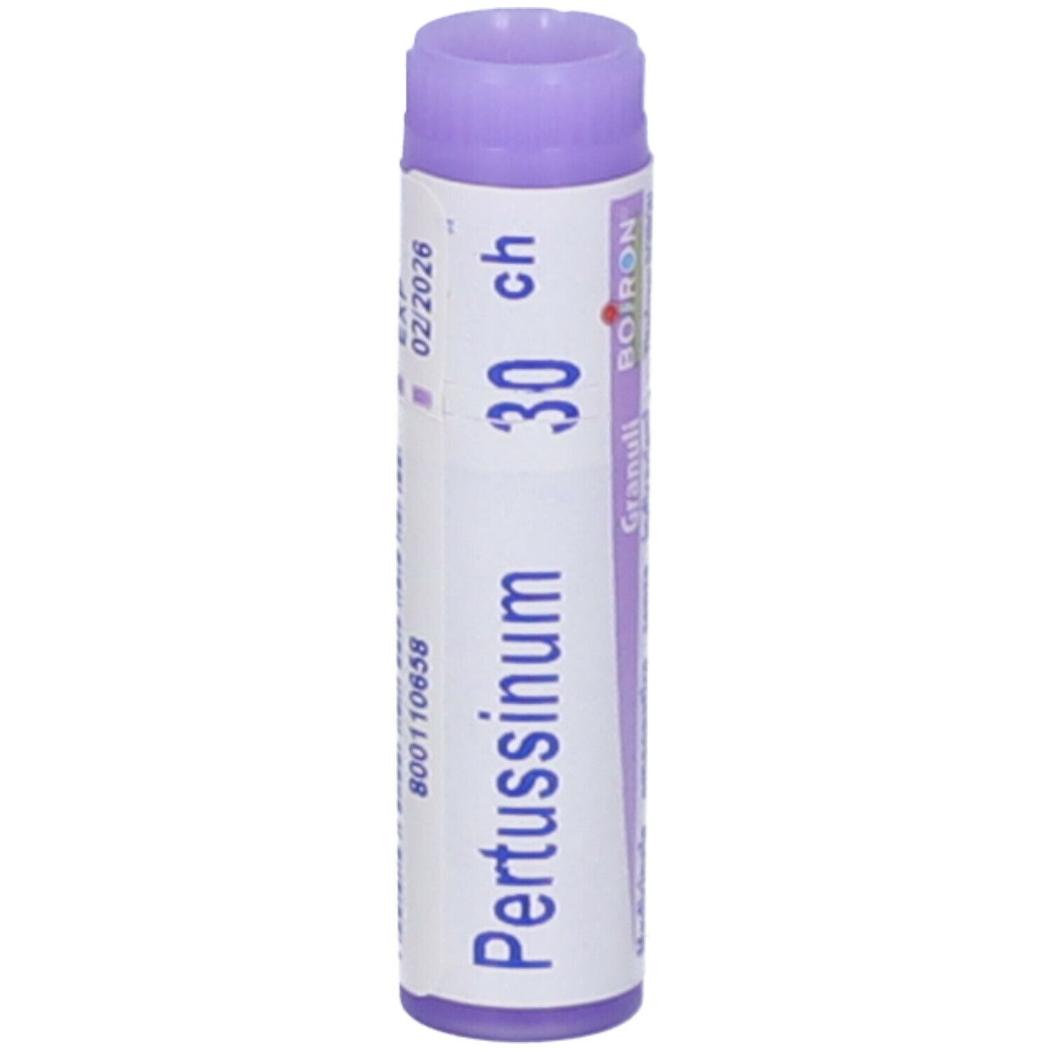 Confezione cilindrica, tappo lilla. Scritta: Pertussinum 30 ch, Granuli, Boiron. Scadenza 02/2026.