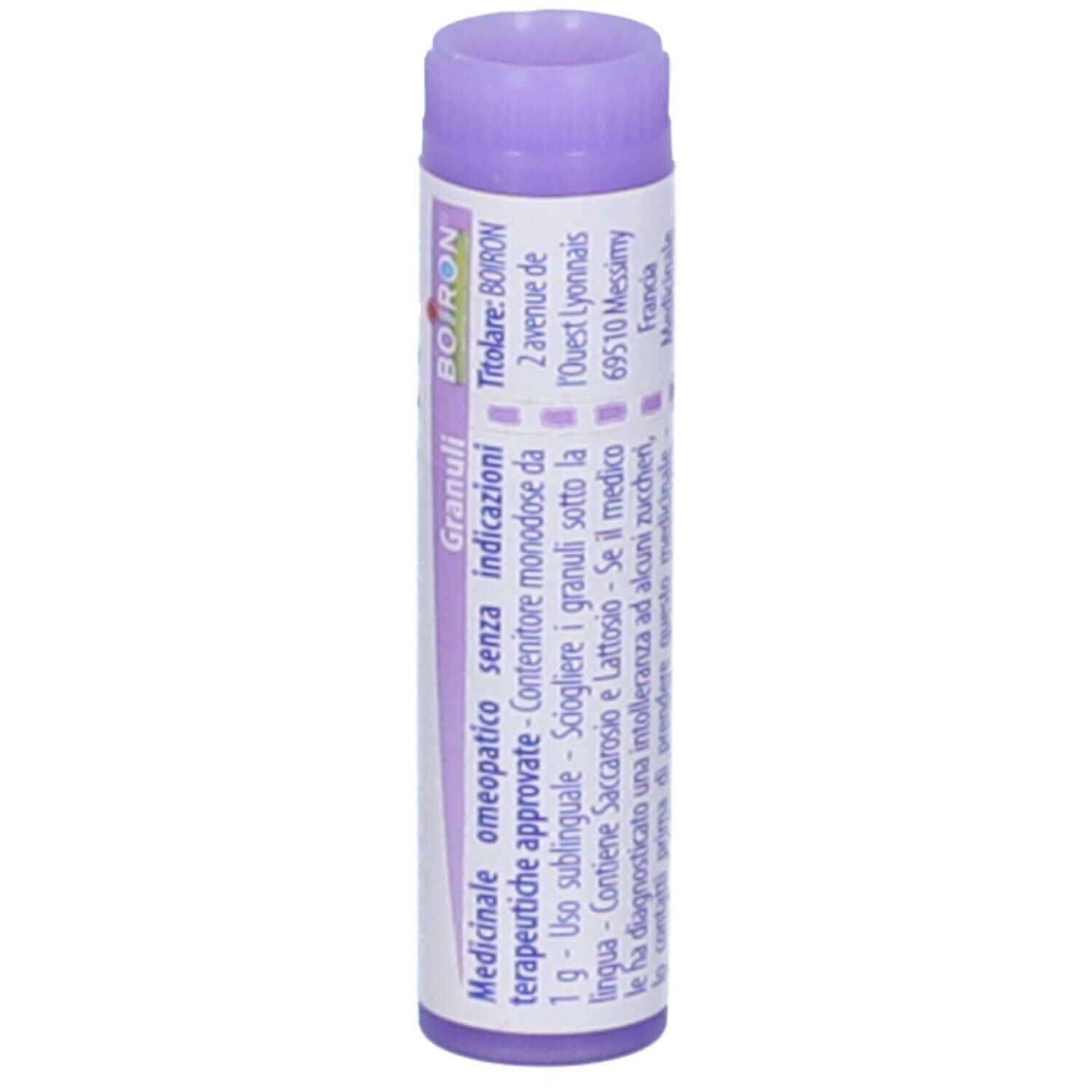 Confezione cilindrica, tappo lilla. Scritta: Pertussinum 30 ch, Granuli, Boiron. Testo in italiano.