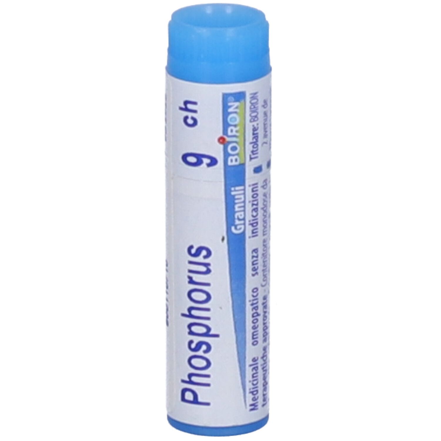 Confezione cilindrica verticale, blu e bianca. Scritta: Phosphorus 9 ch, Granuli, BOIRON.