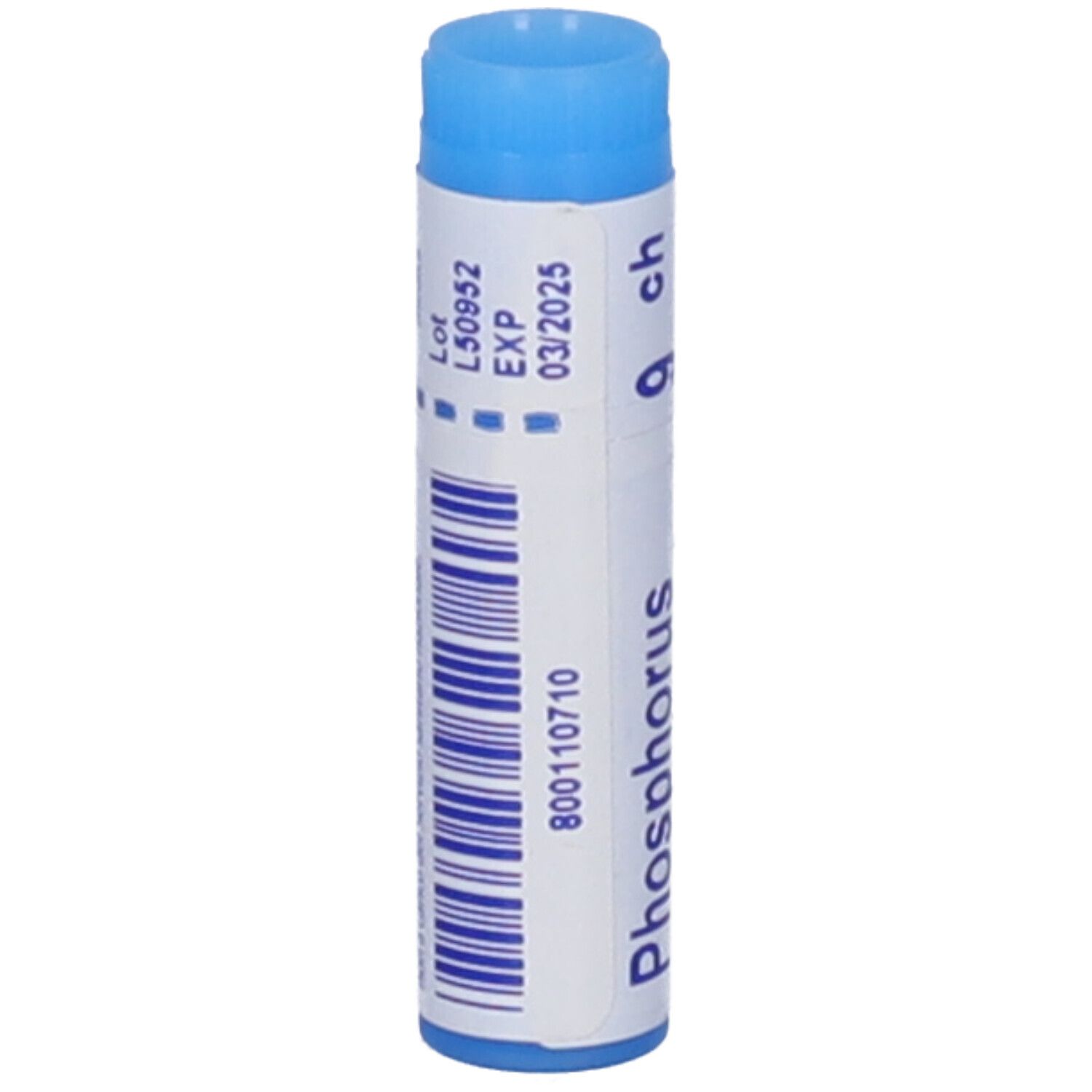 Confezione cilindrica, blu e bianca. Scritta: Phosphorus 9 ch. Retro con informazioni e codice a barre.