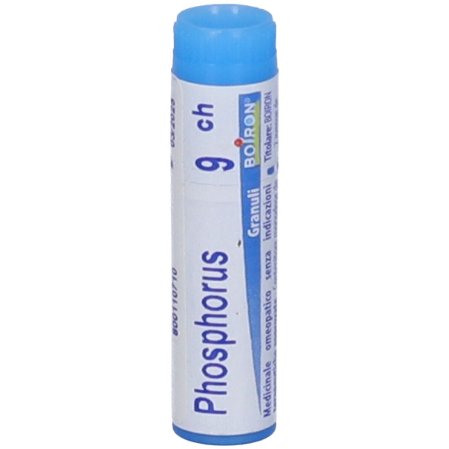 Confezione cilindrica, blu e bianca. Scritta: Phosphorus 9 ch, BOIRON. Vista verticale.