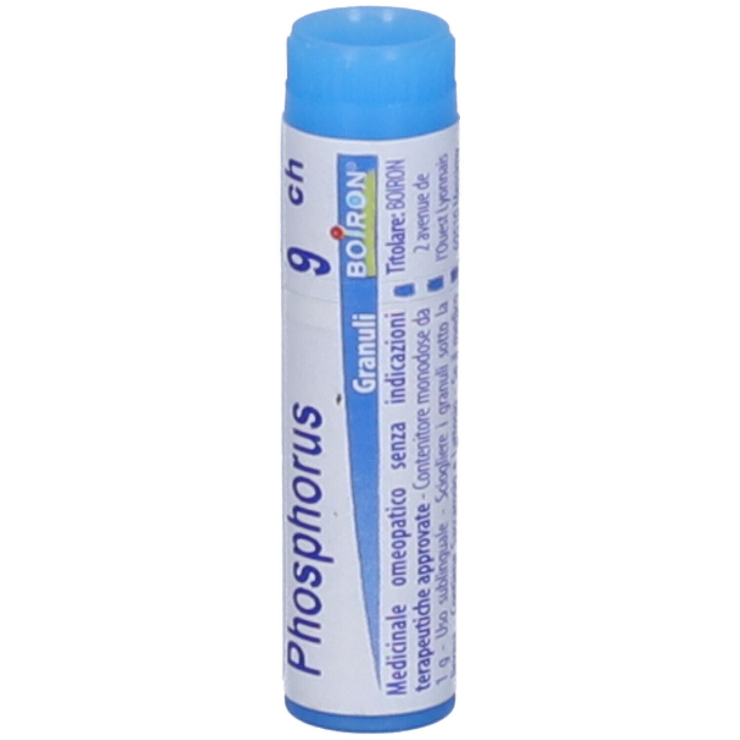 Confezione cilindrica, blu e bianca. Scritta: Phosphorus 9 ch, BOIRON. Vista verticale.
