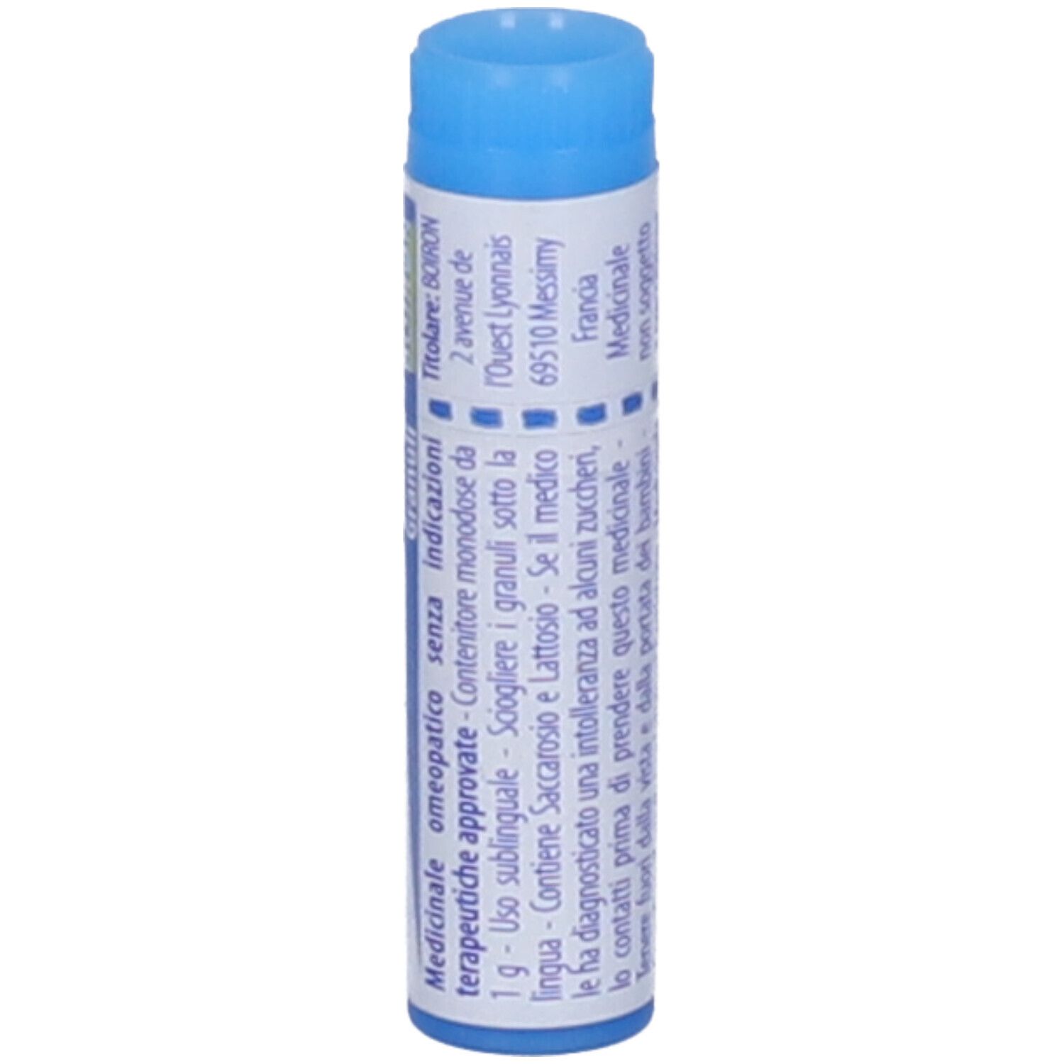 Confezione cilindrica, blu e bianca. Scritta: Phosphorus 9 ch, BOIRON. Vista verticale.