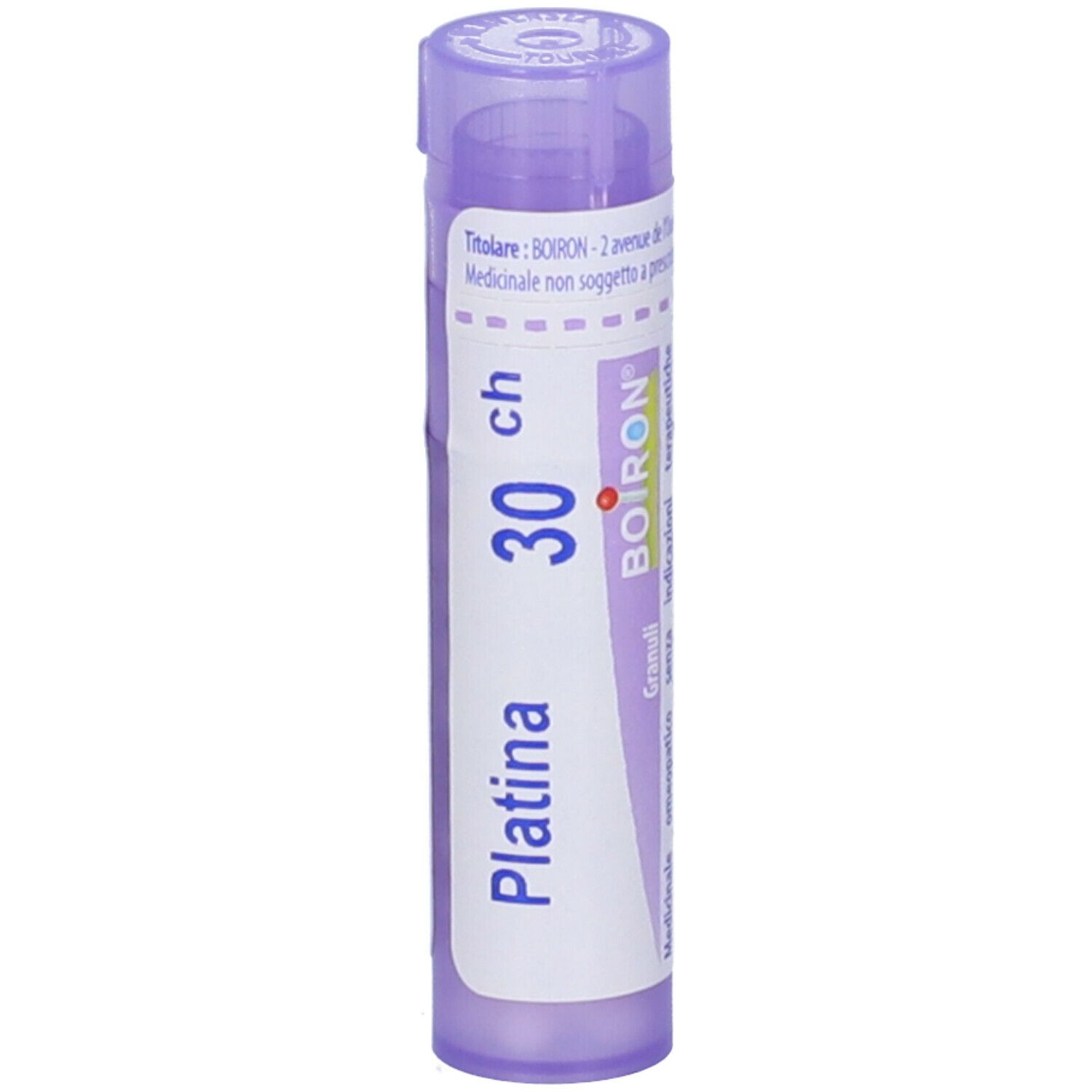 Confezione cilindrica viola. Scritta: Platina 30 ch, BOIRON, Granuli. Vista verticale.