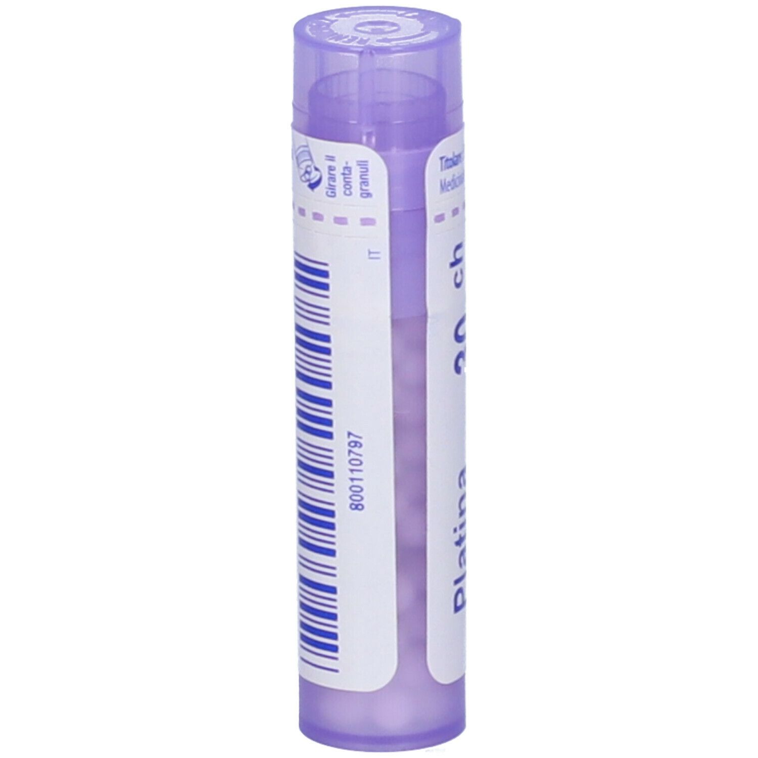 Confezione cilindrica viola. Scritta: Platina 30 ch, BOIRON, Granuli. Con codice a barre e identificativo IT.