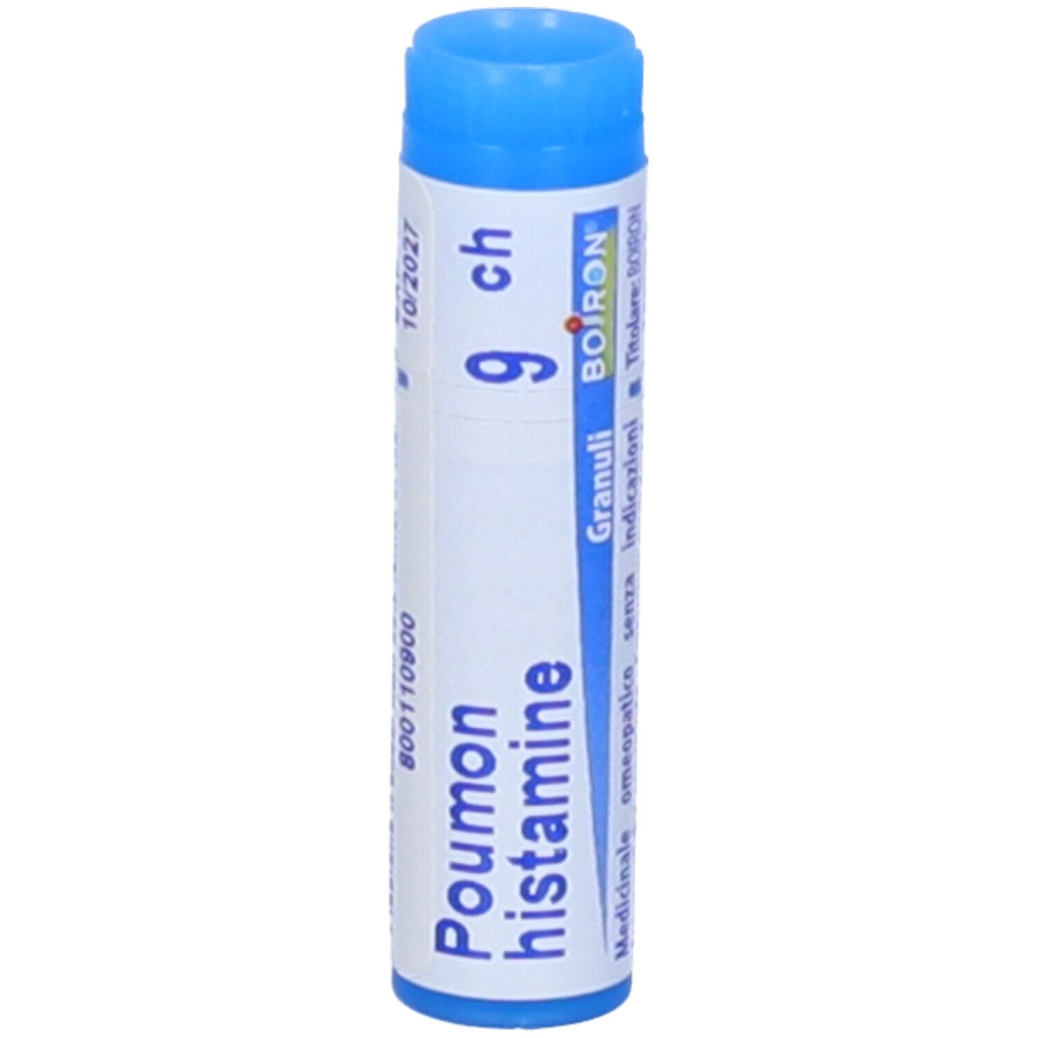 Tubo blu con etichetta bianca. Scritta: Poumon histamine 9 ch, Boiron, Granuli. Scadenza 10/2021.