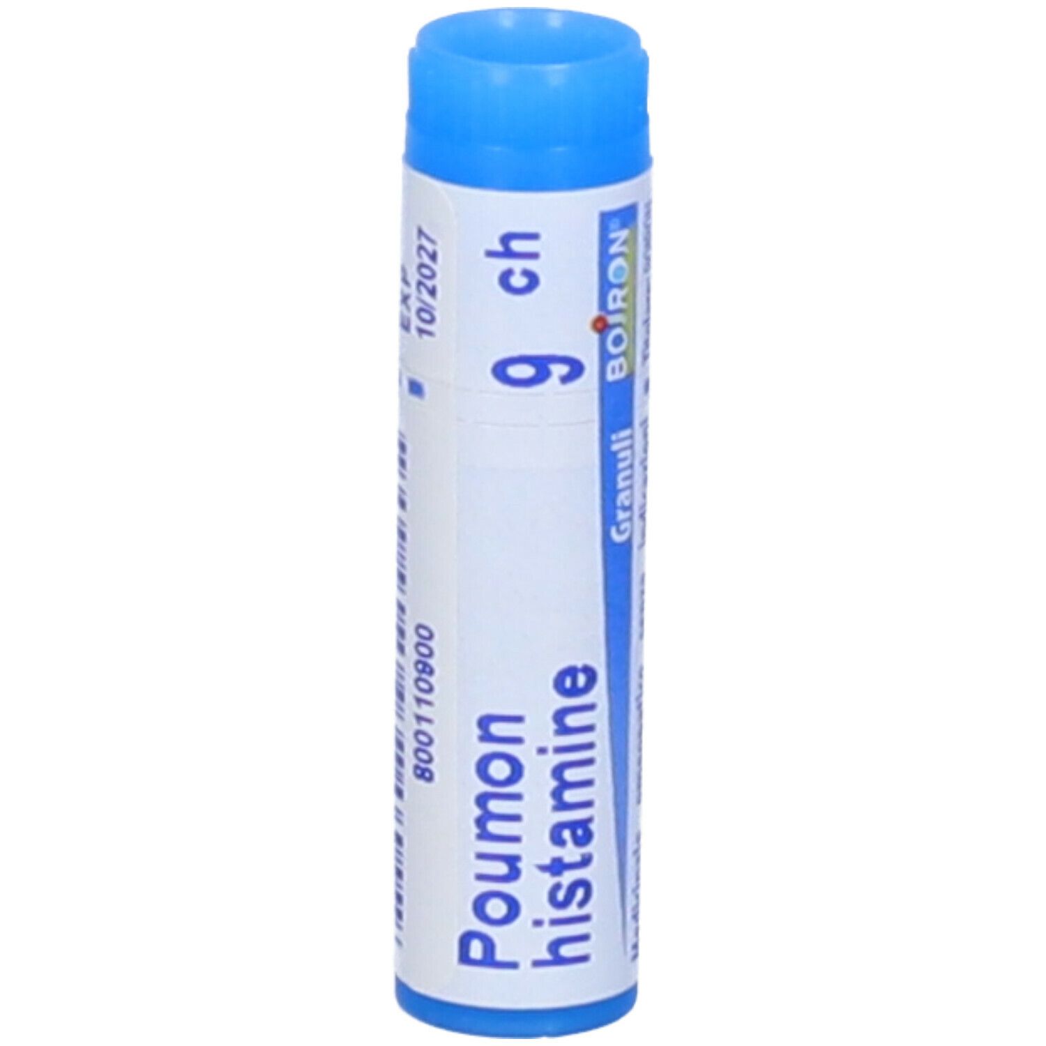 Tubo blu con etichetta bianca. Scritta: Poumon histamine 9 ch, Boiron. Scadenza 10/2027.