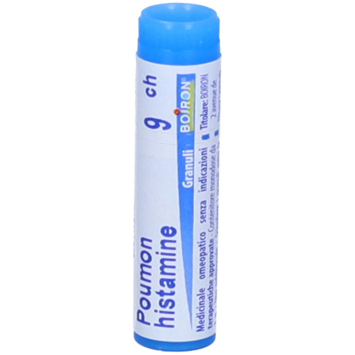 Tubo blu con etichetta bianca. Scritta: Poumon histamine 9 ch, Boiron, Granuli. Informazioni aggiuntive.