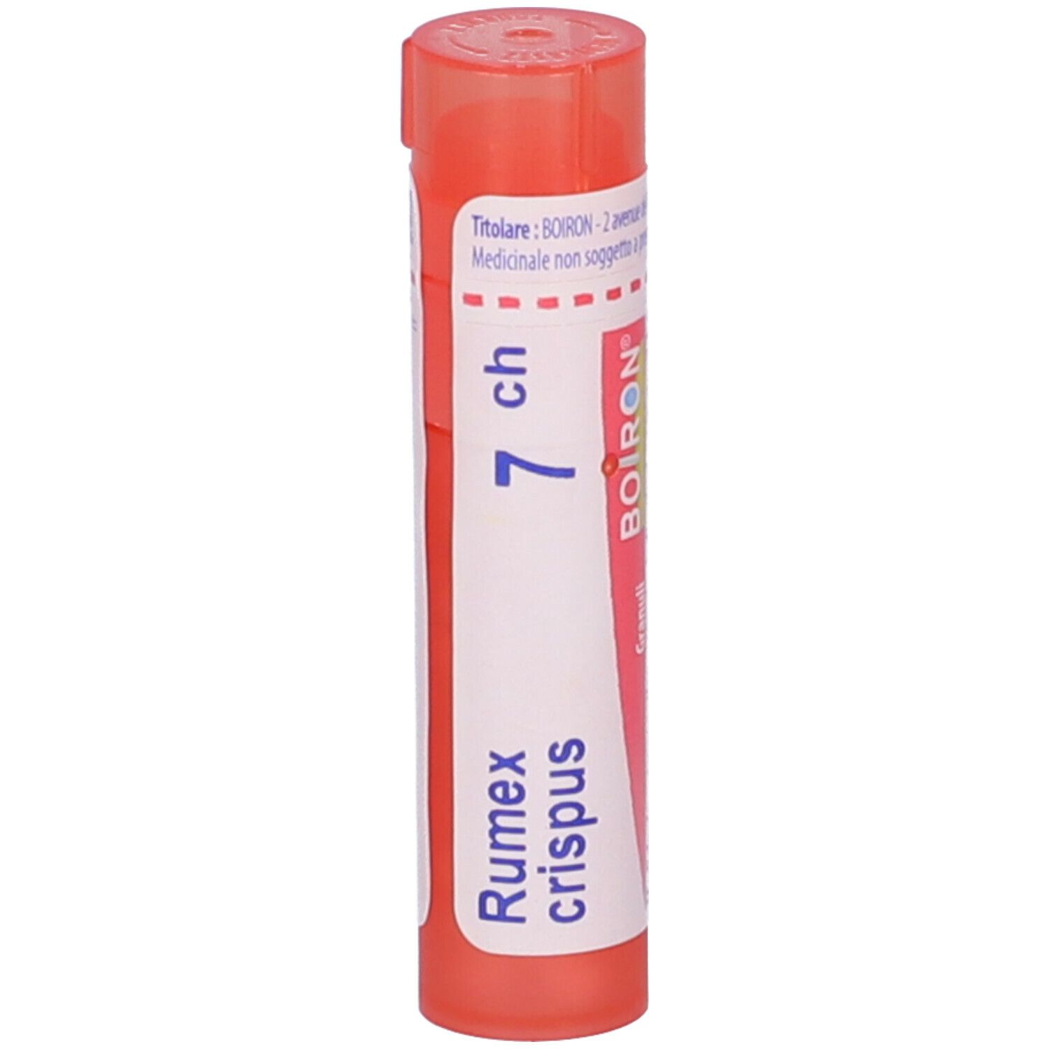 Confezione cilindrica, rossa e bianca, con 'Rumex crispus 7 ch' e 'BOIRON'.