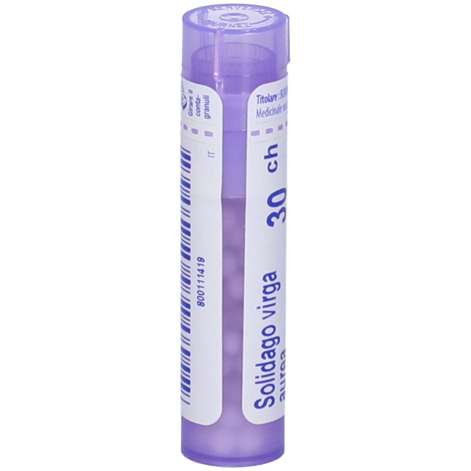 Tubo lilla con scritta bianca: Solidago virga aurea 30 ch. Scritta in italiano. Codice a barre e altre informazioni.