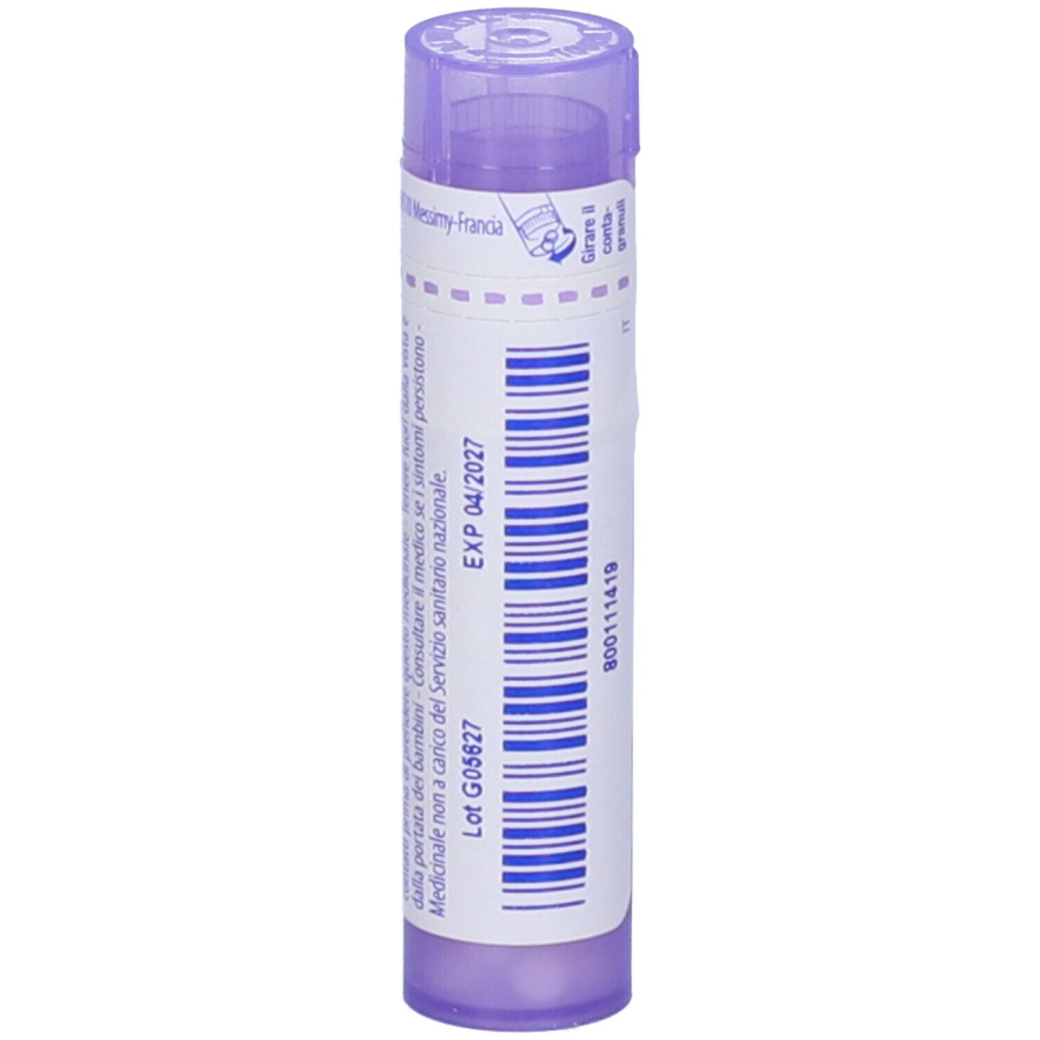 Tubo lilla con scritta bianca. Scritta in italiano. Scadenza: 04/2027. Codice a barre e altre informazioni.