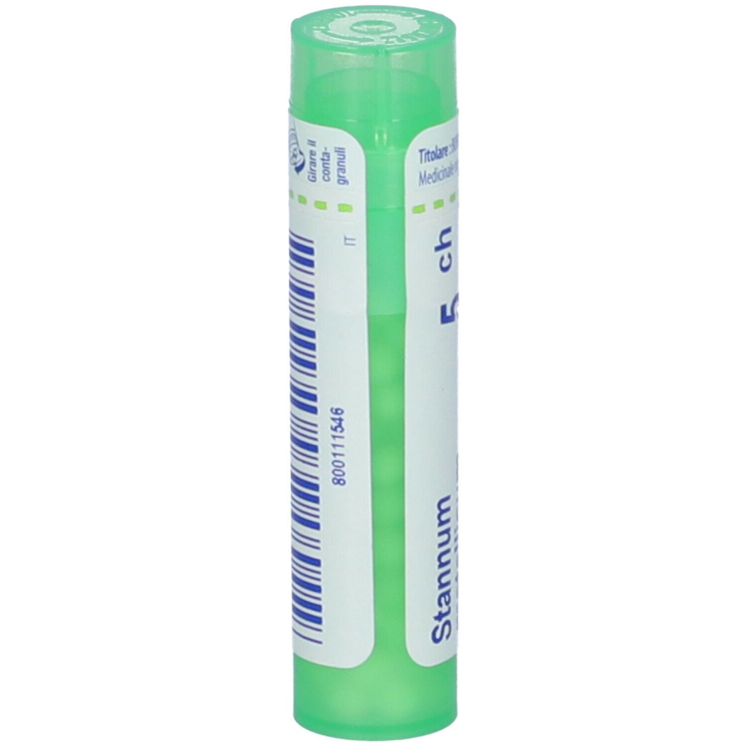 Confezione cilindrica verde. Scritta: Stannum metallicum, 5 ch. Codice a barre e informazioni.