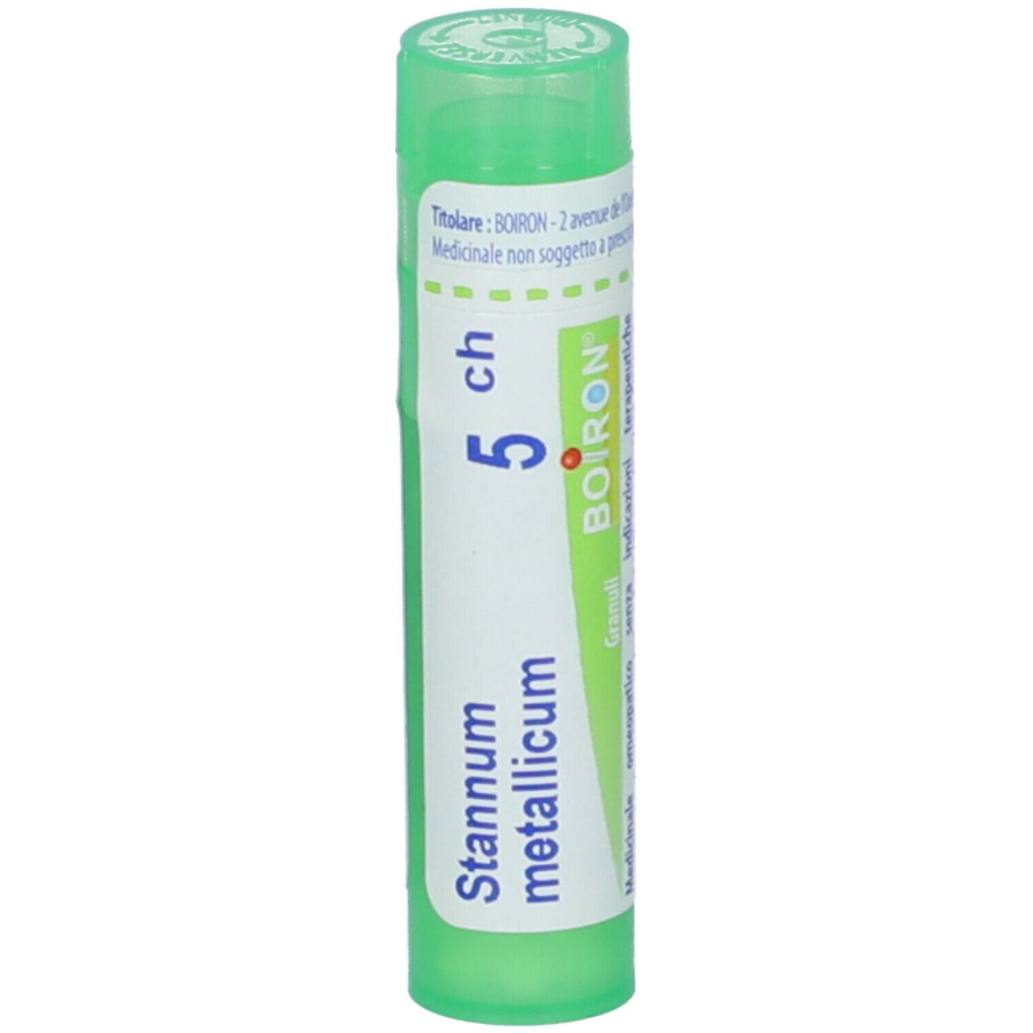 Confezione cilindrica verde. Scritta: Stannum metallicum, 5 ch. Informazioni e codice a barre.