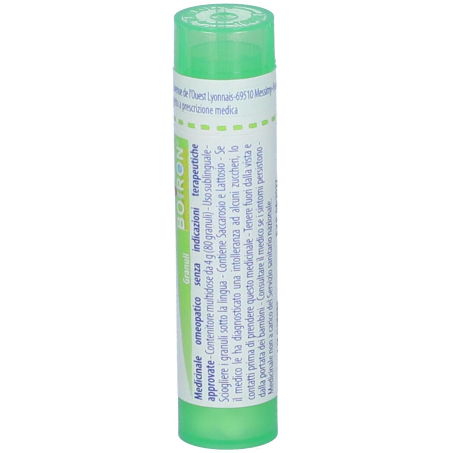 Confezione cilindrica verde. Scritta: Stannum metallicum 5 ch, Boiron. Informazioni.