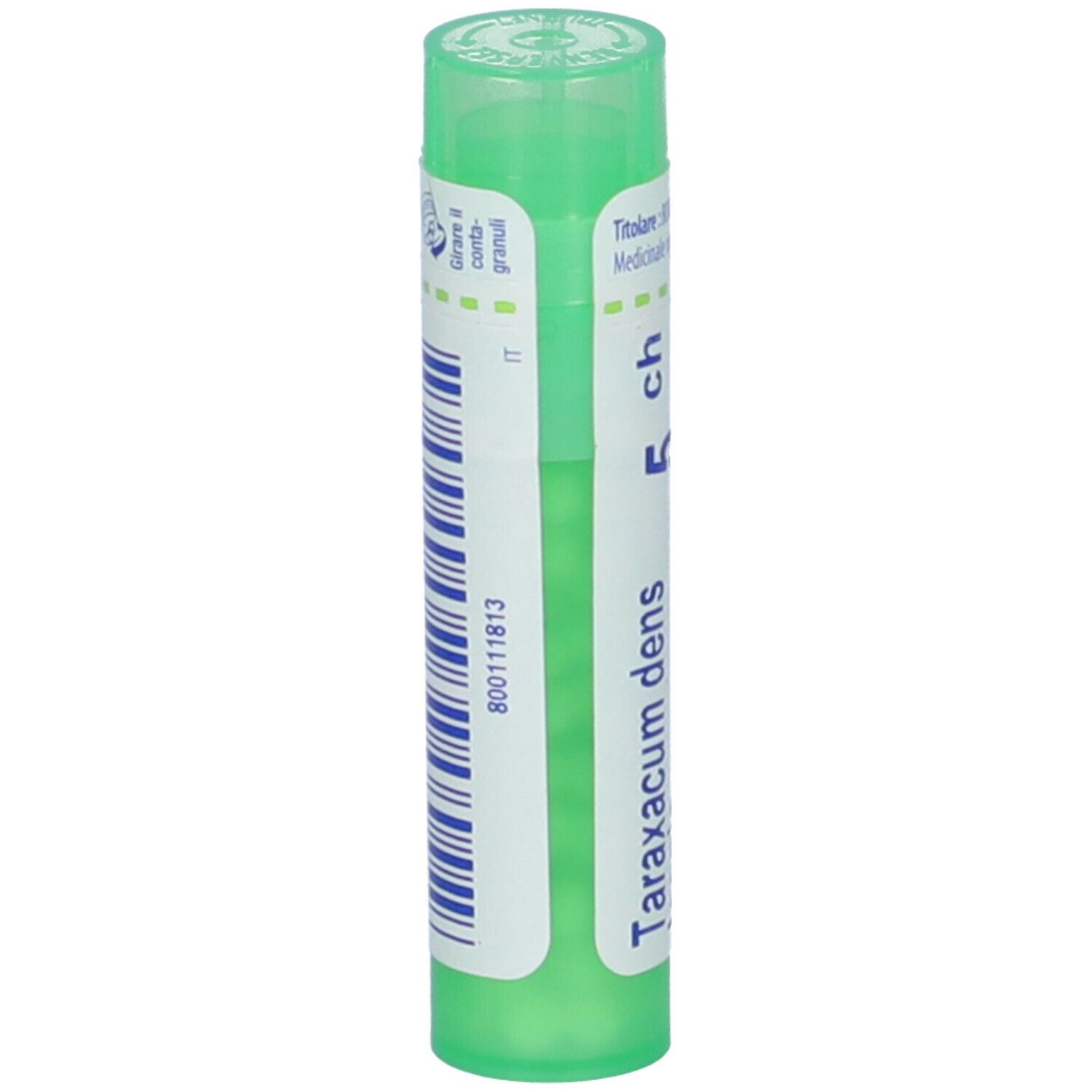 Flacone cilindrico verde. Scritta: Taraxacum dens 5 ch, codice a barre, IT.