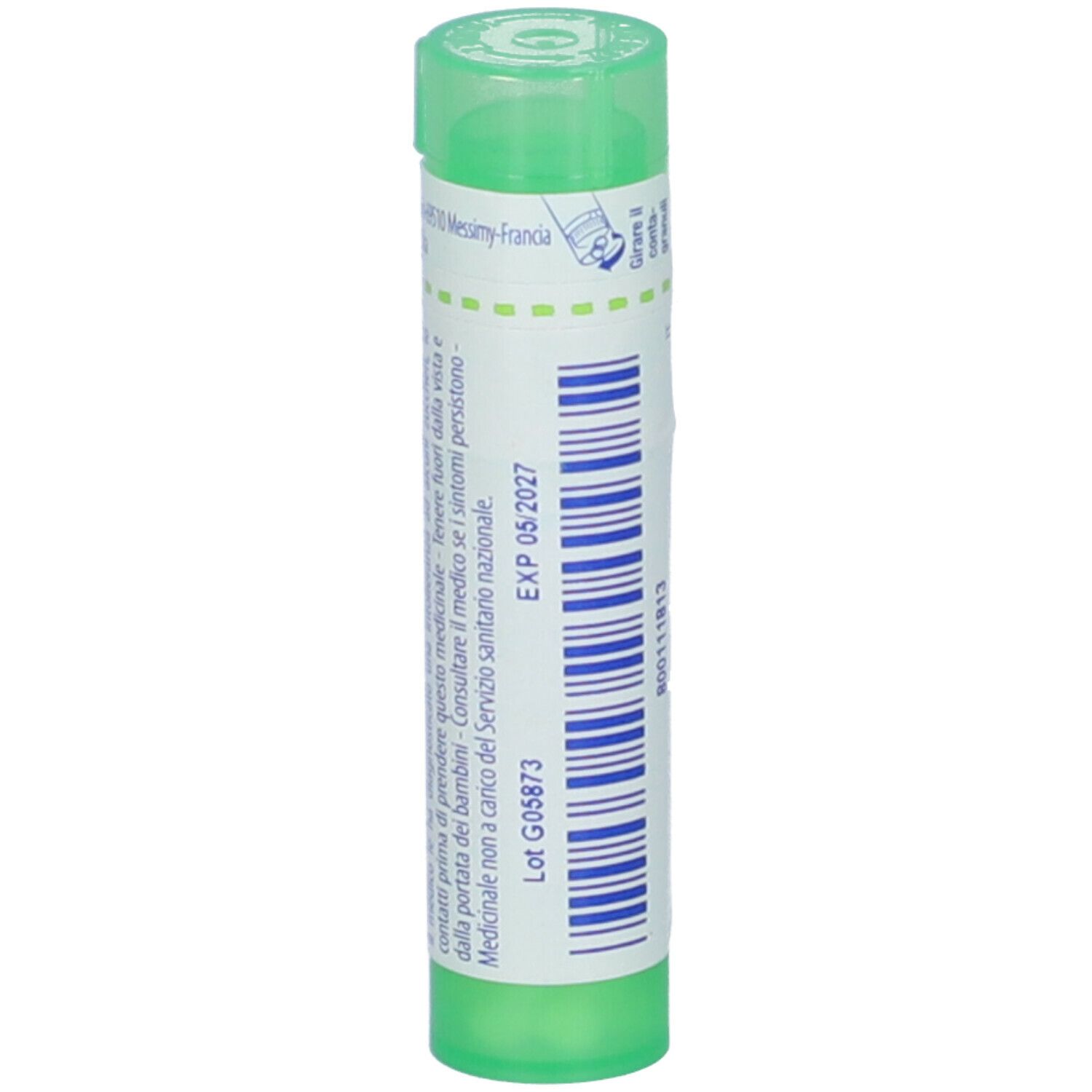 Flacone cilindrico verde. Scritta: EXP 05 2027, Lotto G05873.