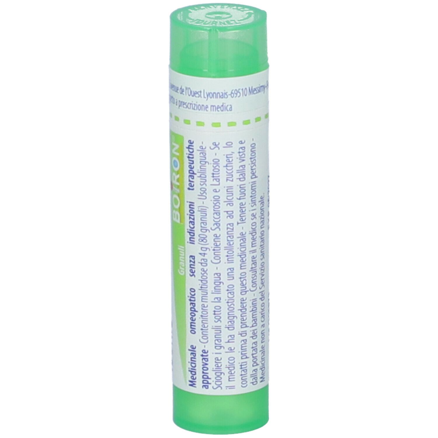 Flacone cilindrico verde. Scritta: BOIRON, Granuli, Medicinale.
