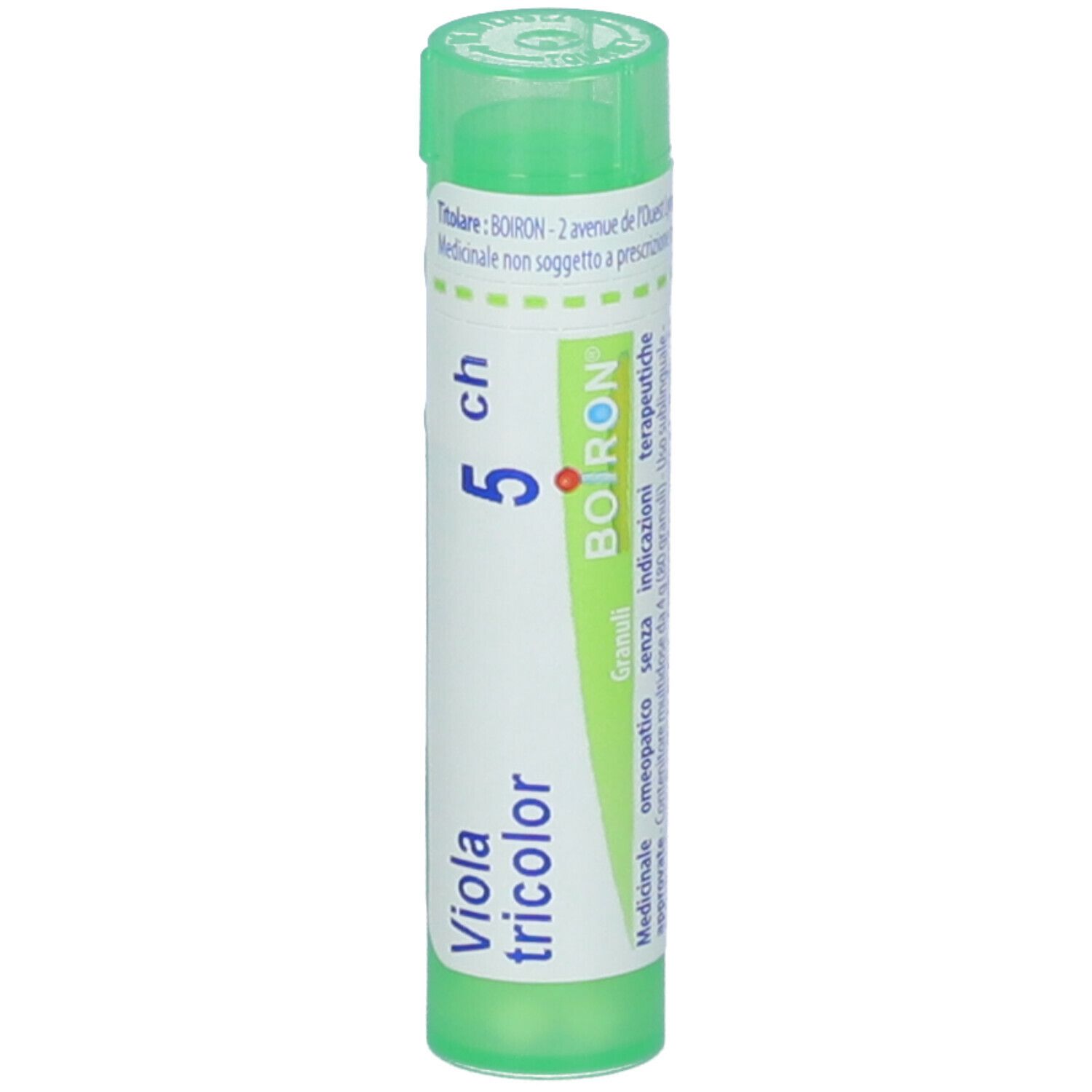 Confezione cilindrica "Viola tricolor 5 ch" e logo "Boiron". Tappo verde e testo.