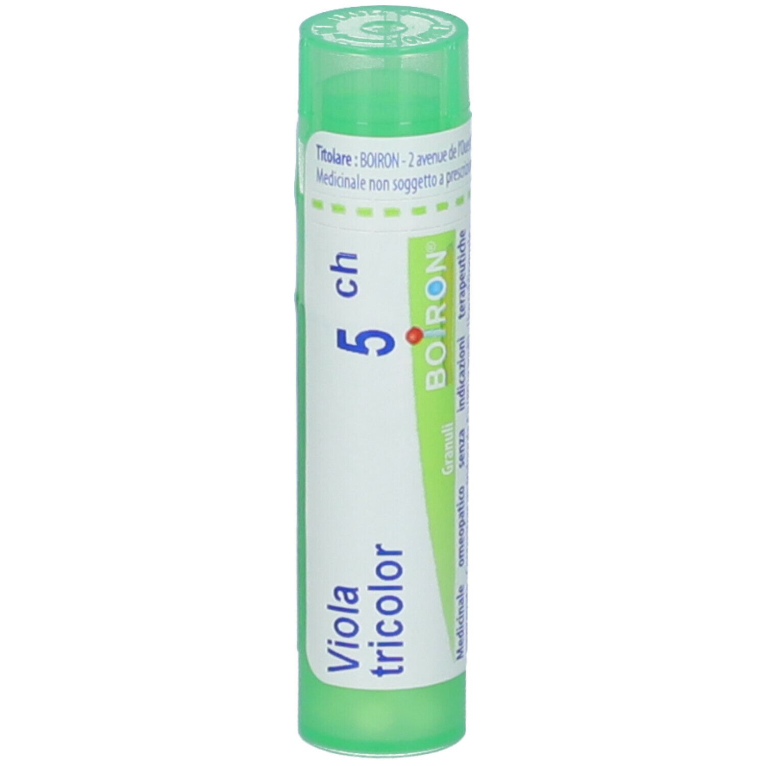 Confezione cilindrica "Viola tricolor 5 ch" e logo "Boiron". Tappo verde e testo.