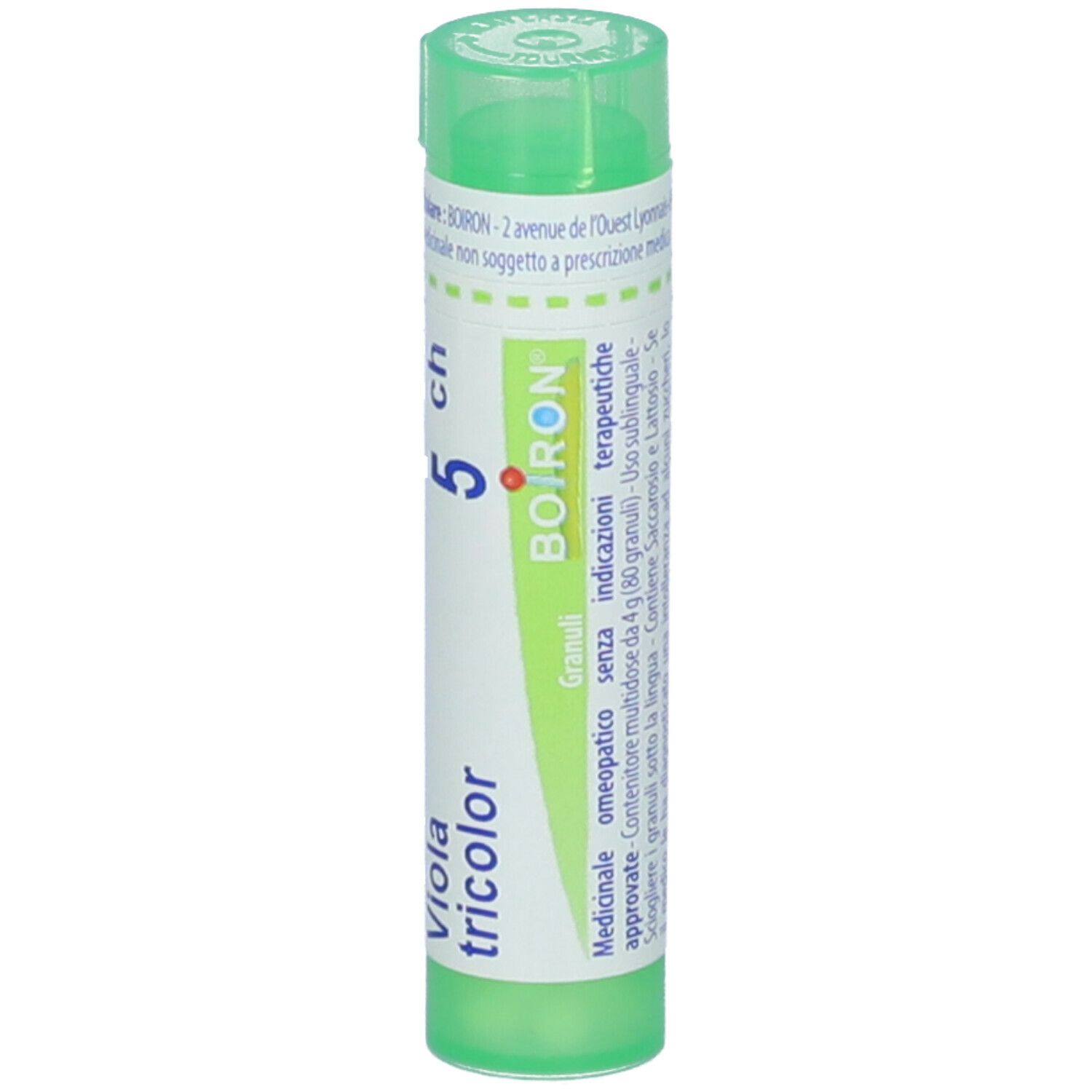 Confezione cilindrica "Viola tricolor 5 ch" e logo "Boiron". Tappo verde e testo.