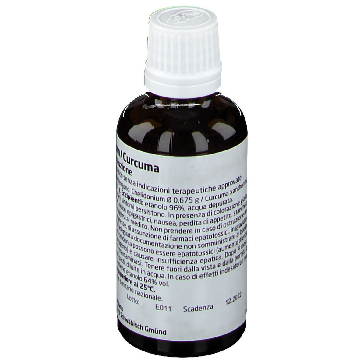 Flacone di vetro marrone con tappo bianco. Etichetta con informazioni sul prodotto. Data di scadenza stampata.