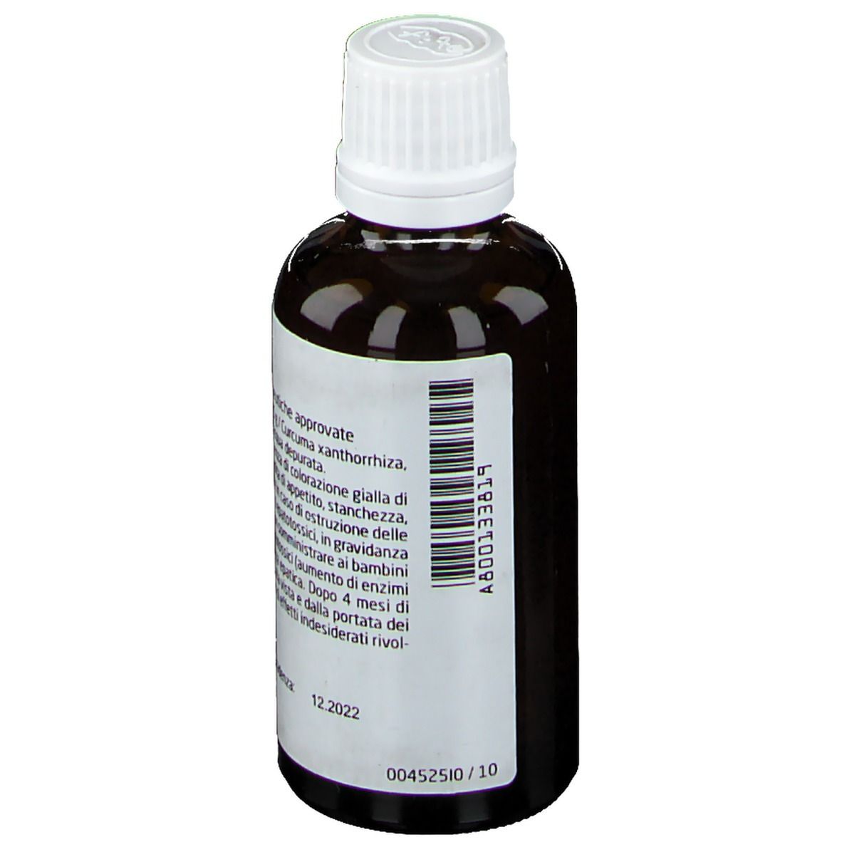 Flacone di vetro marrone con tappo bianco. Etichetta con codice a barre e informazioni. Vista posteriore.