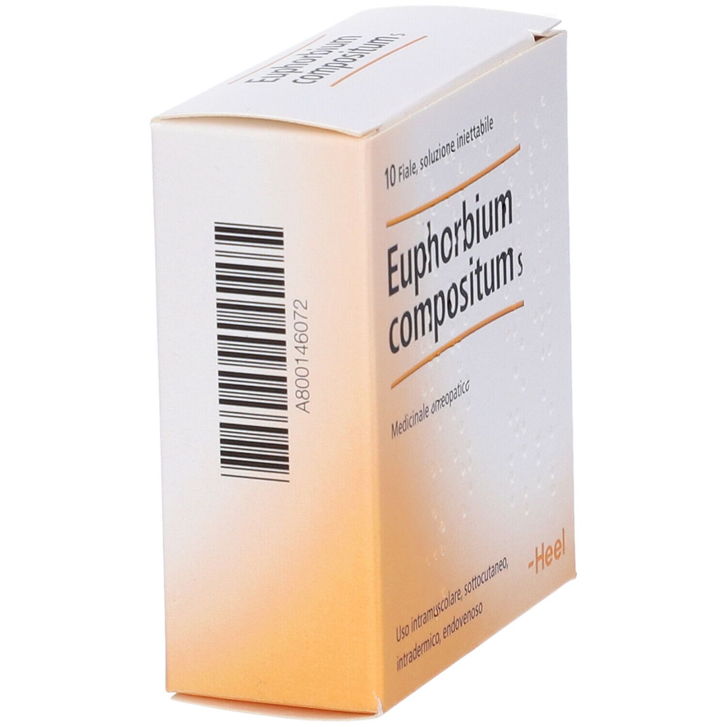 Scatola "Euphorbium compositum s". Codice a barre. 10 fiale, soluzione iniettabile. Marchio Heel.