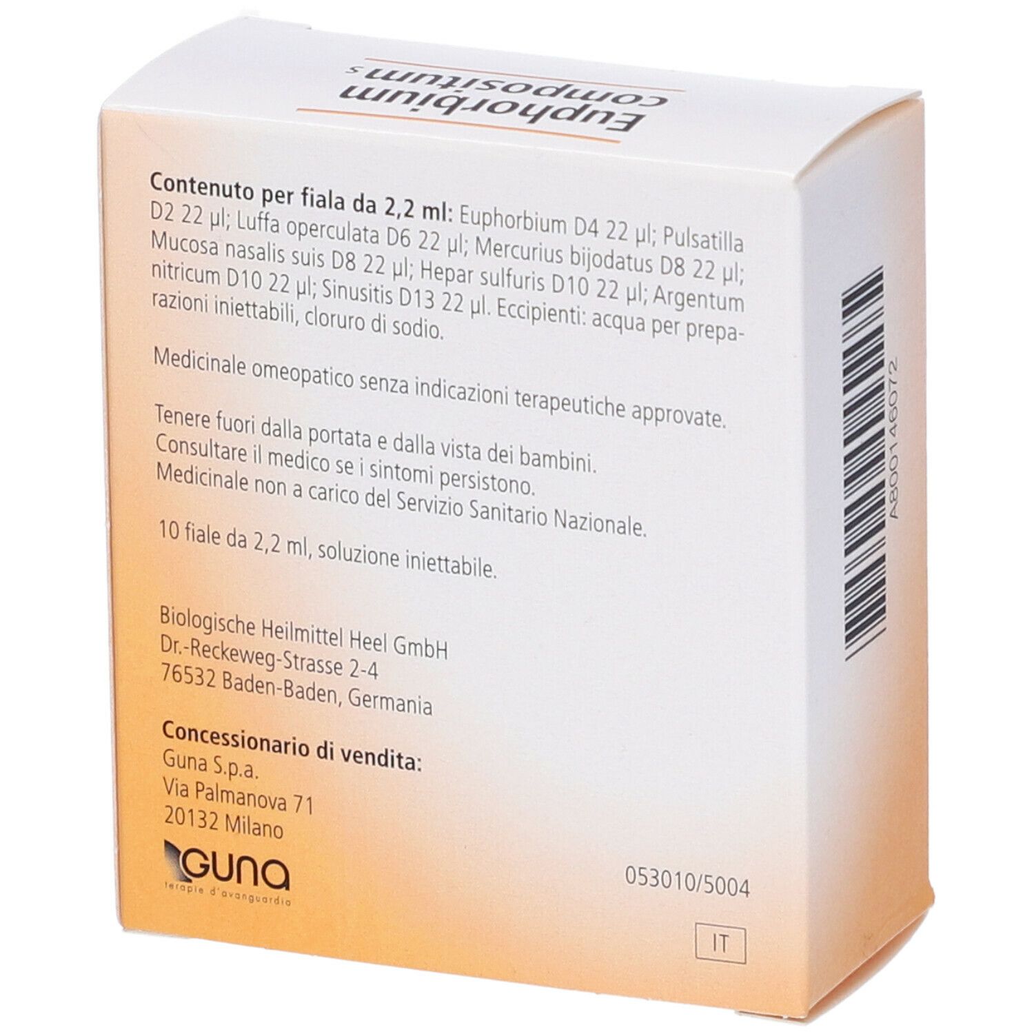 Retro scatola "Euphorbium compositum s". Ingredienti, informazioni produttore, Guna S.p.A.