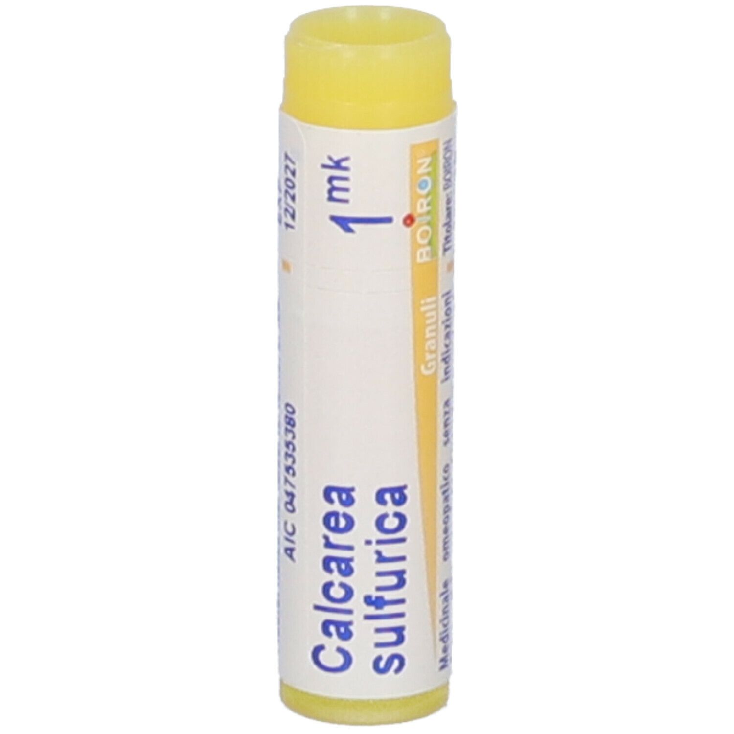 Confezione cilindrica con tappo giallo. Scritta: Calcarea sulfurica, 1 mk, Boiron, 12/2027.