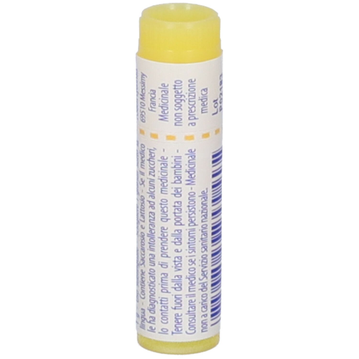 Confezione cilindrica con tappo giallo. Scritta: Calcarea sulfurica, 1 mk, Boiron, 12/2027.