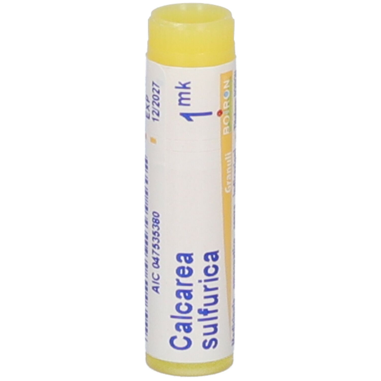Confezione cilindrica con tappo giallo. Scritta: Calcarea sulfurica, 1 mk, Boiron, 12/2027.
