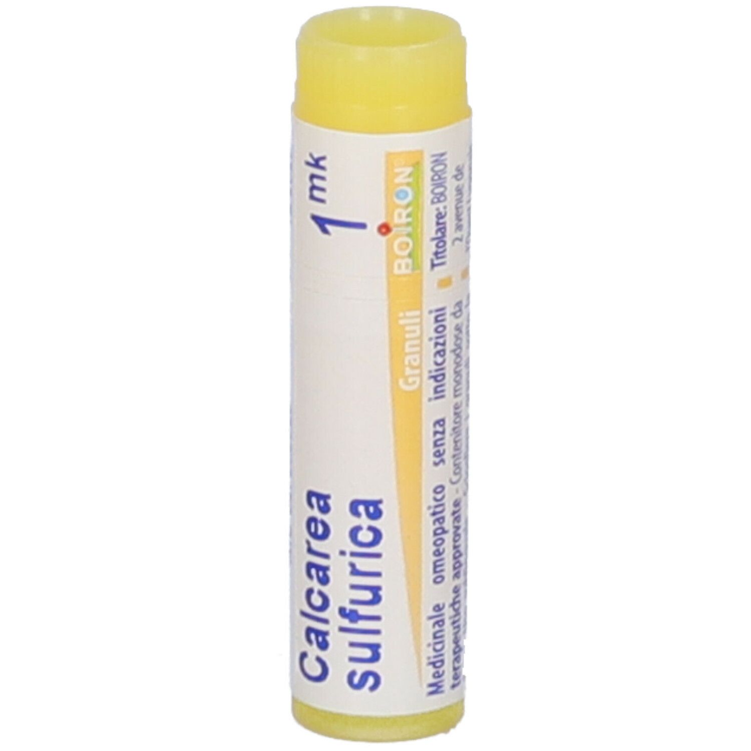 Confezione cilindrica con tappo giallo. Scritta: Calcarea sulfurica, 1 mk, Boiron, Granuli.