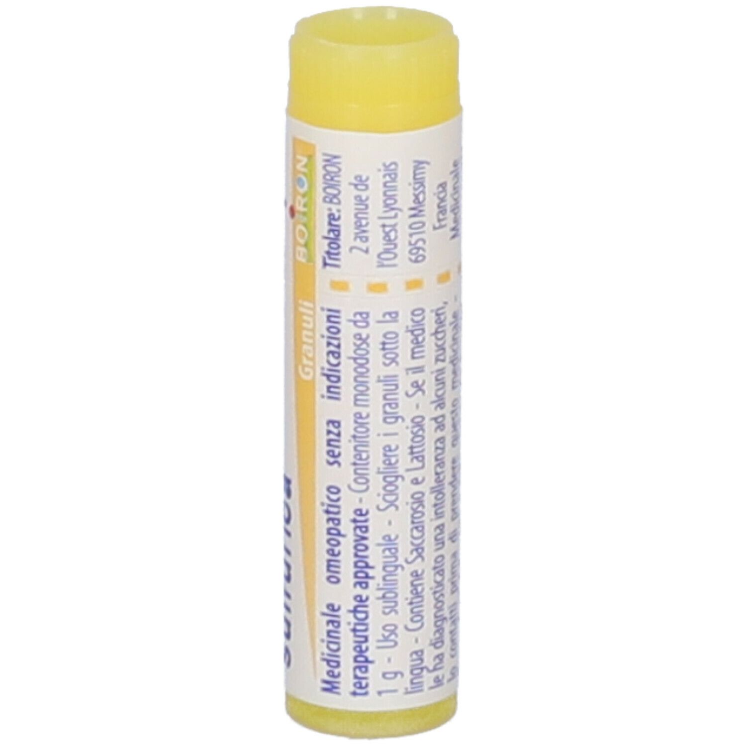 Confezione cilindrica con tappo giallo. Scritta: Calcarea sulfurica, 1 mk, Boiron, Granuli.