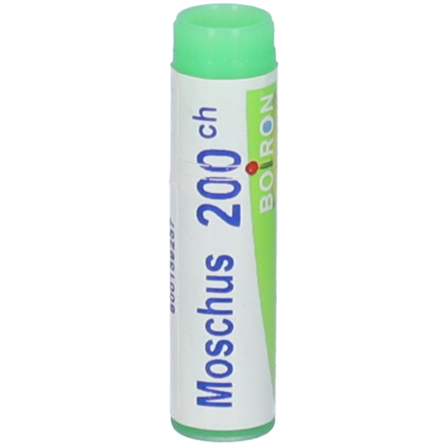 Tubo cilindrico, verde e bianco. Scritta: Moschus 200 ch, BOIRON. Tappo verde. Vista verticale.