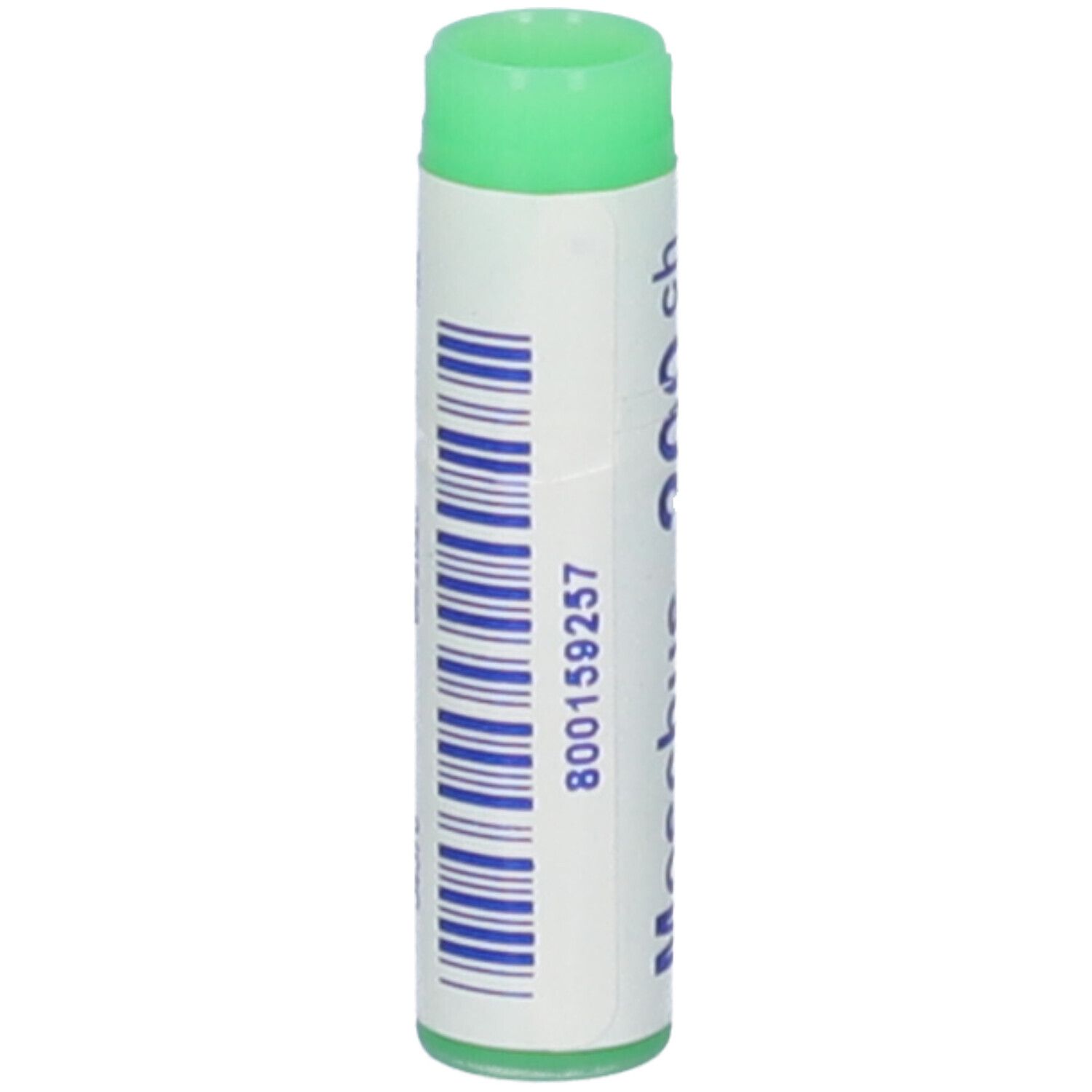 Tubo cilindrico, verde e bianco. Codice a barre e informazioni prodotto. Tappo verde. Vista verticale.