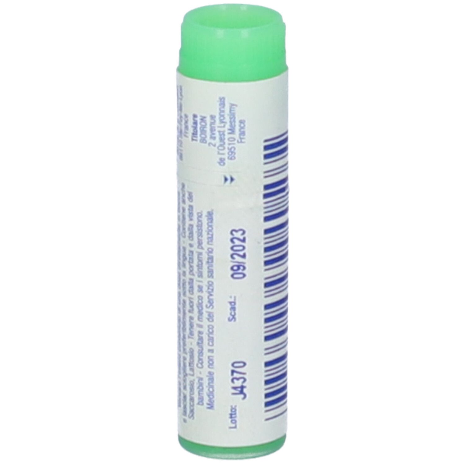 Tubo cilindrico, verde e bianco. Stampa con data di scadenza 09/2023. Tappo verde. Vista verticale.