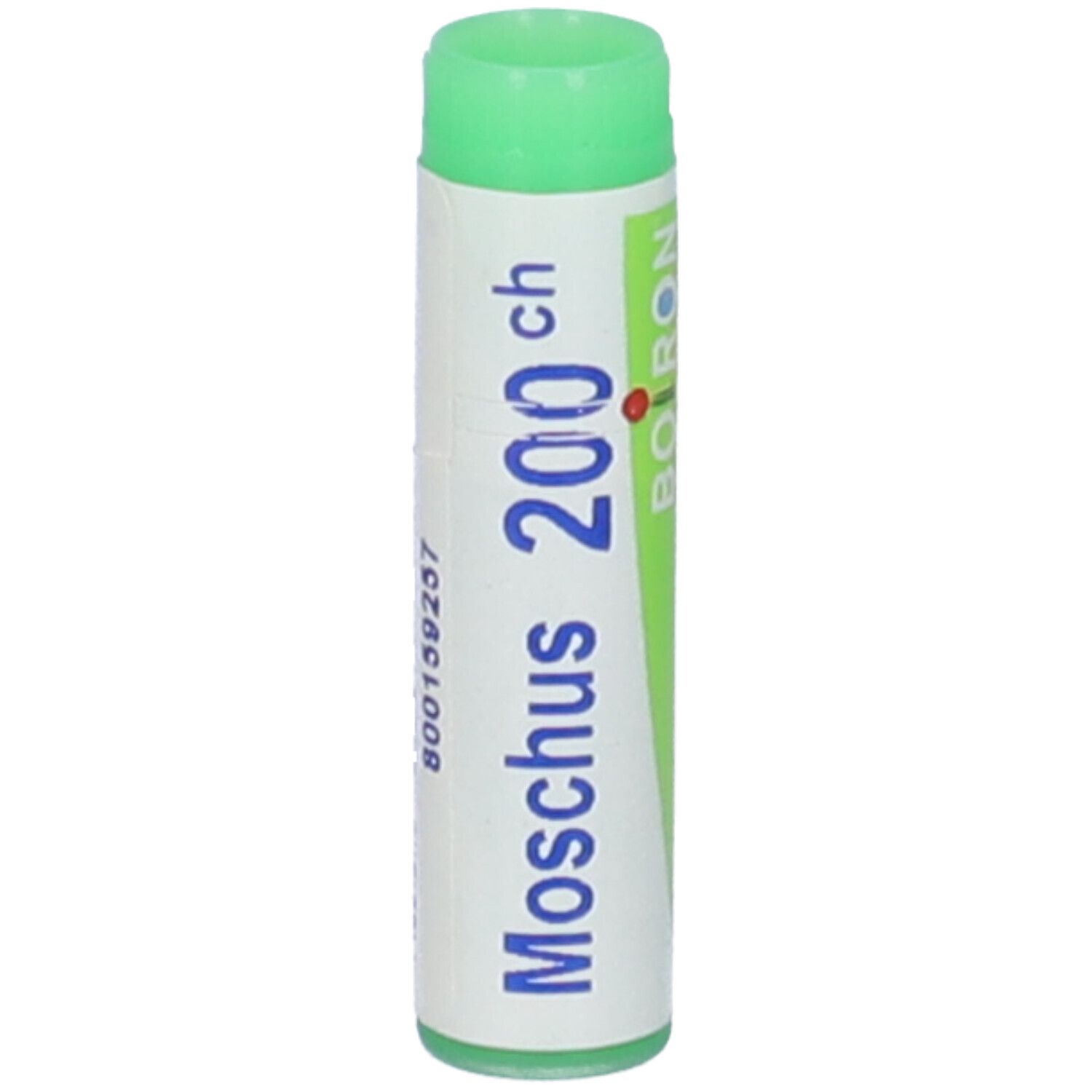 Tubo cilindrico, verde e bianco. Scritta: Moschus 200 ch, BOIRON. Tappo verde. Vista verticale.